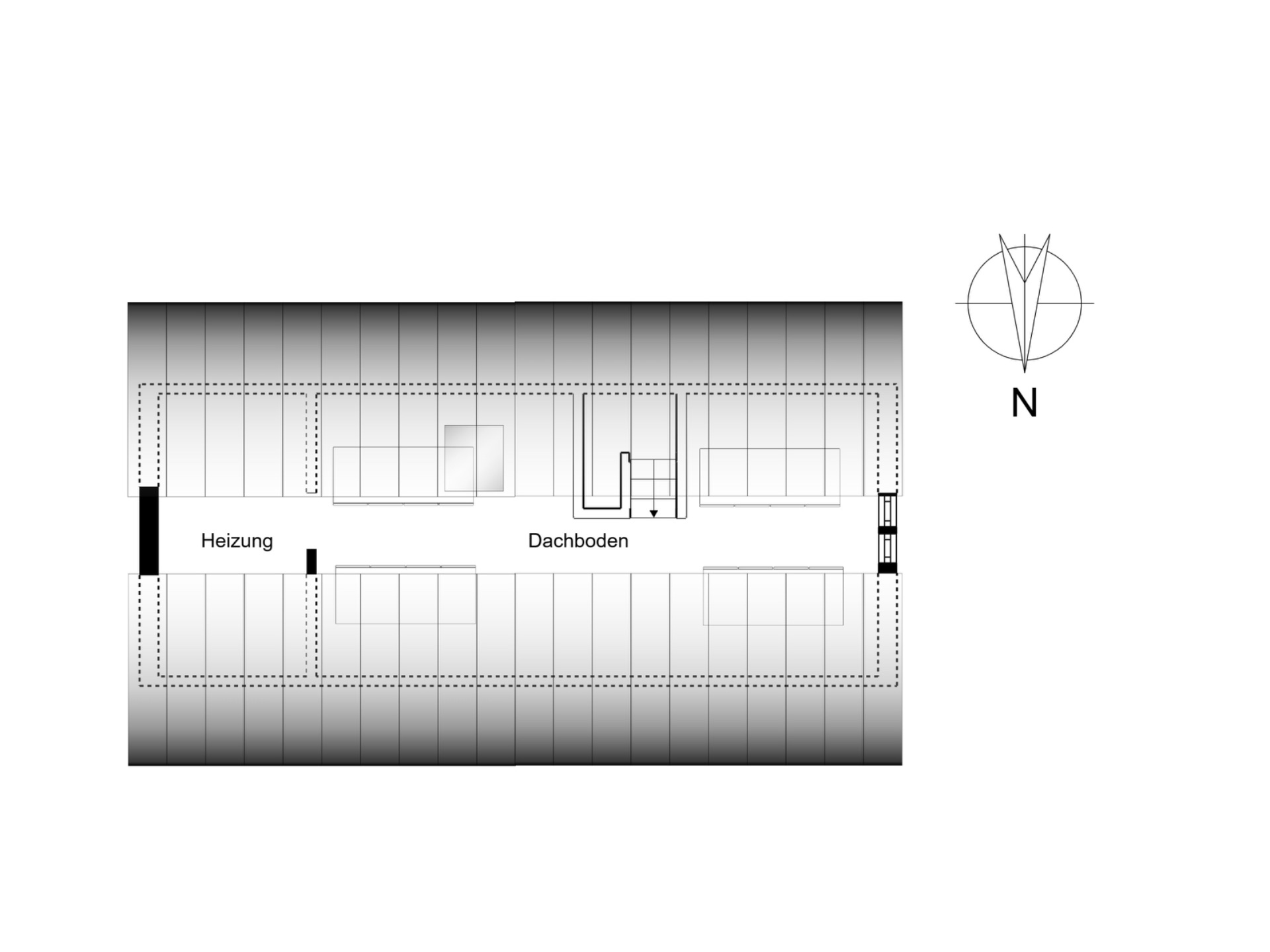 Grundriss eines Dachbodens mit Heizungsraum und Treppe, Nordpfeil angezeigt.