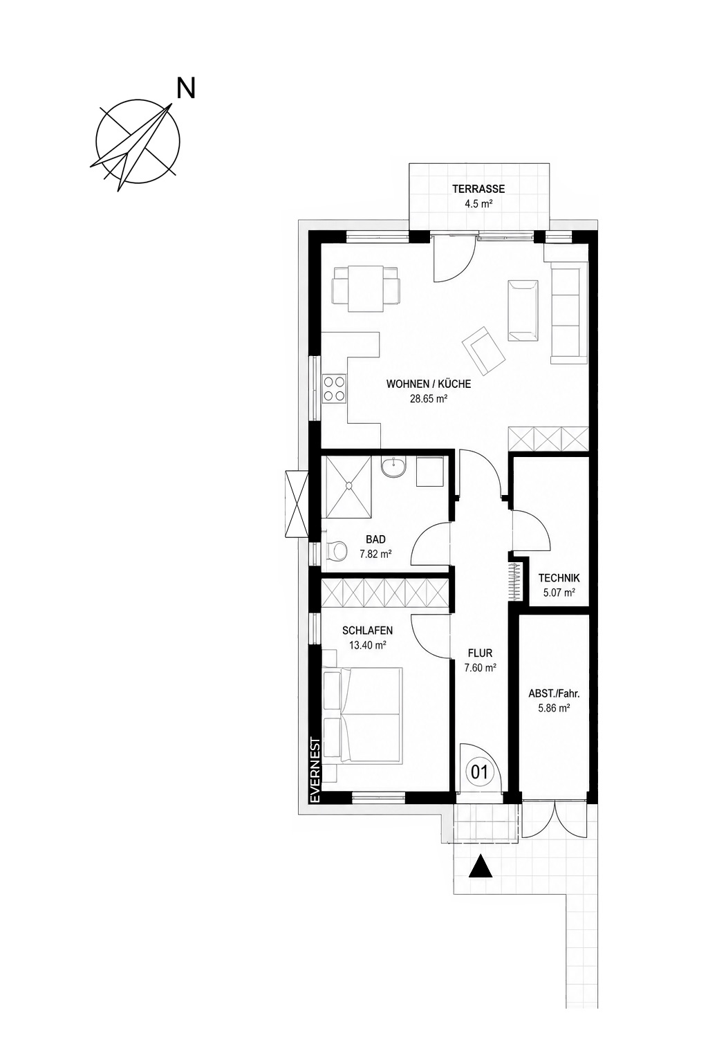Grundriss einer Wohnung mit Schlafzimmer, Bad, Wohnküche, Flur, Technikraum und Terrasse.