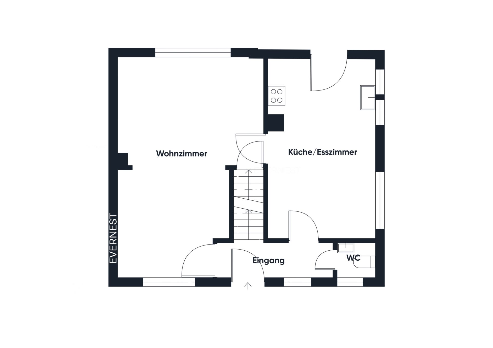 Grundriss mit Wohnzimmer, Küche/Esszimmer, Eingang und WC.