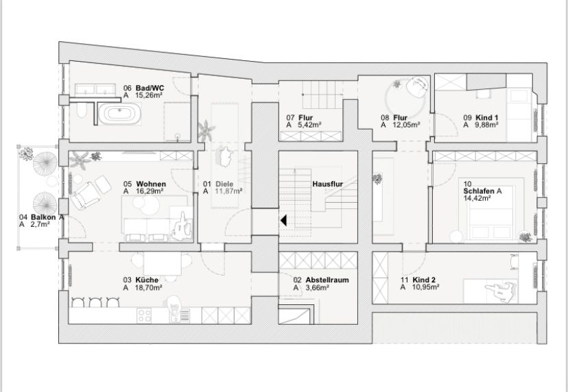 Grundriss einer Wohnung mit Wohnzimmer, Küche, Bad, zwei Kinderzimmern, Schlafzimmer und Balkon.