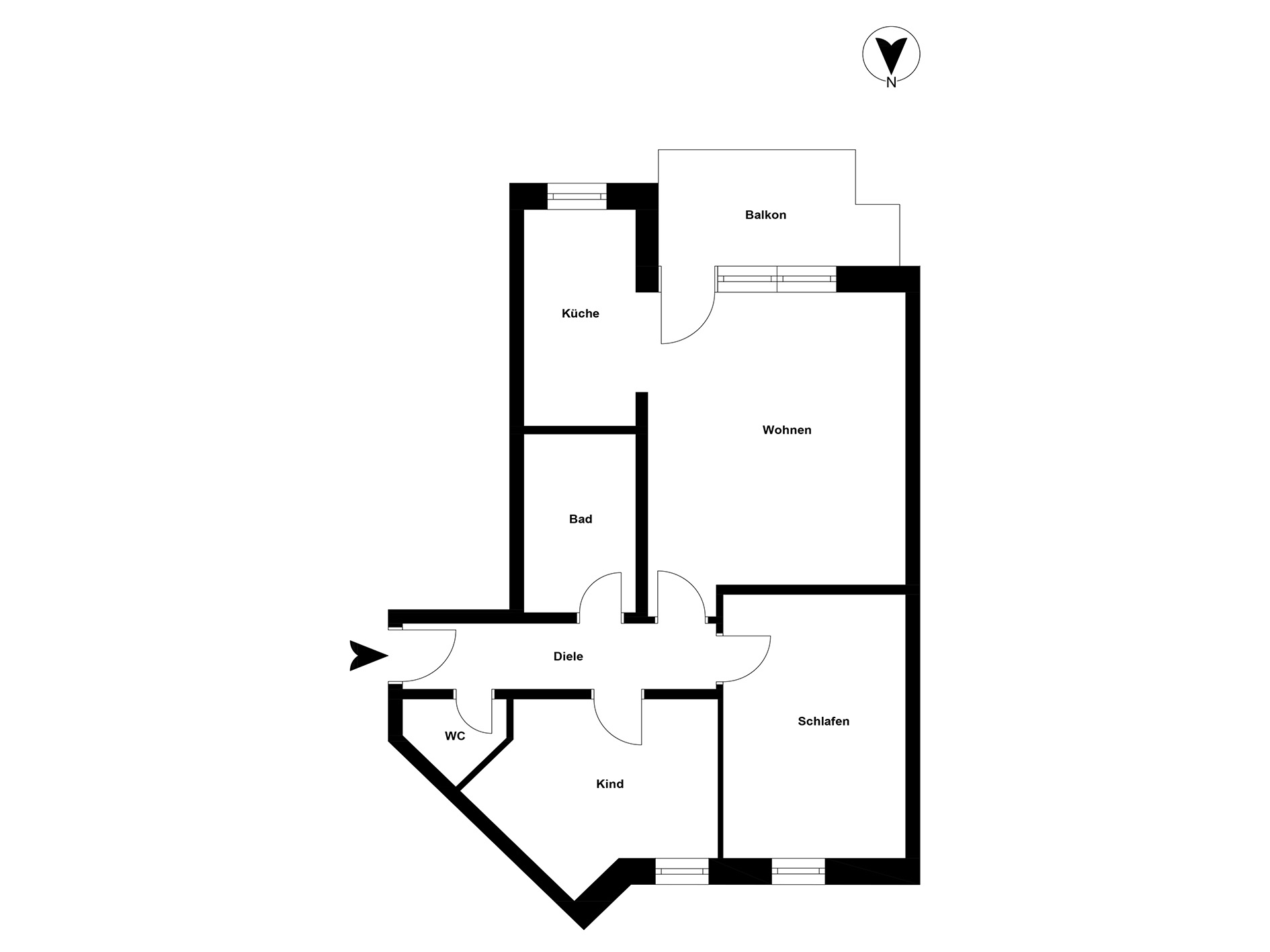 Grundriss einer Wohnung mit Küche, Bad, WC, Kind, Schlafen, Wohnen, Diele und Balkon.
