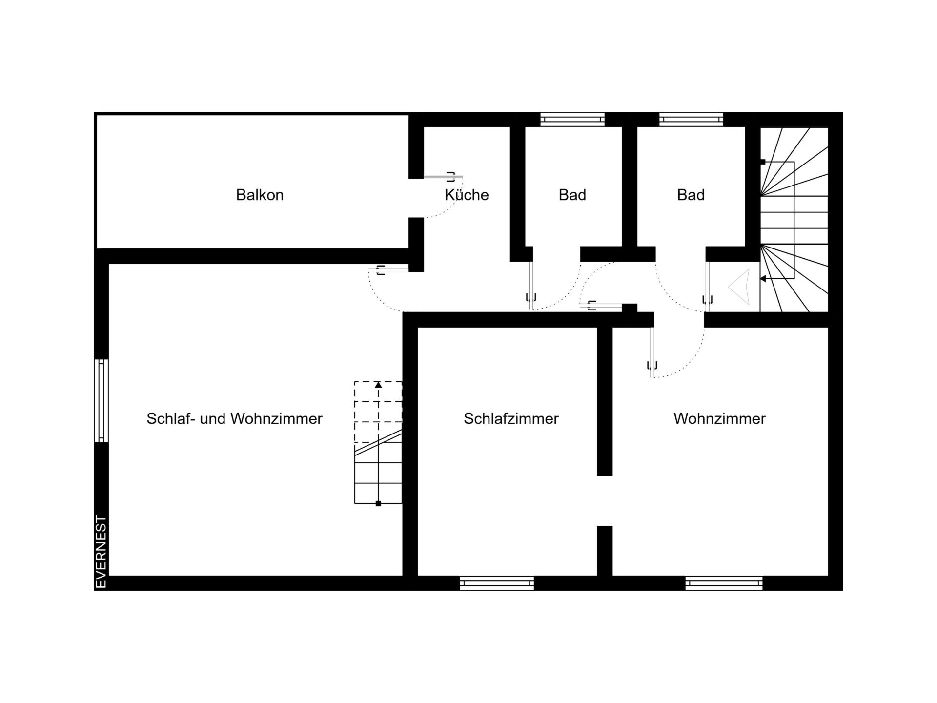 Grundriss mit Balkon, Küche, zwei Bädern, Schlafzimmer, Wohnzimmer und Schlaf-Wohnzimmer.
