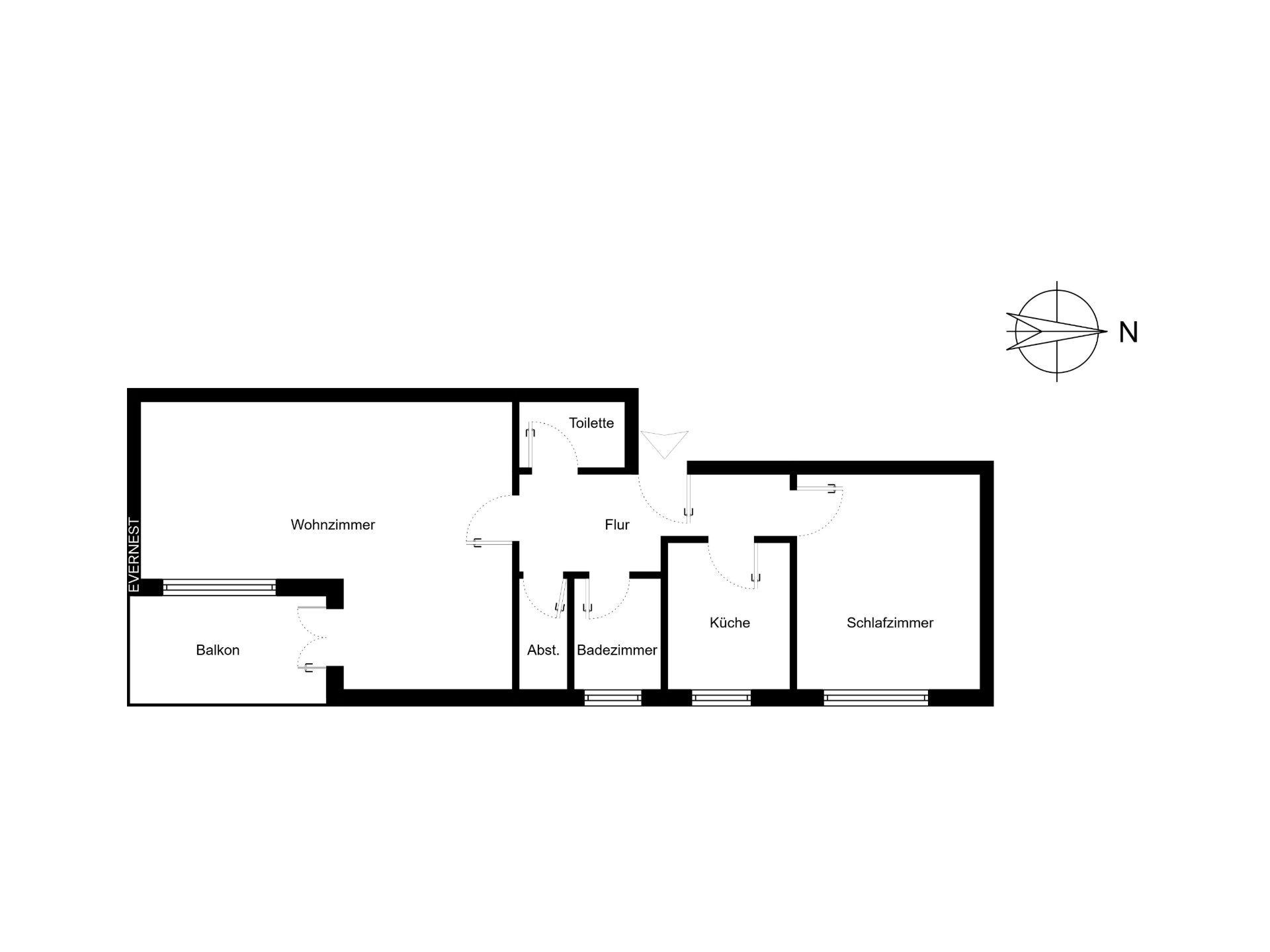 Grundriss einer Wohnung mit Wohnzimmer, Schlafzimmer, Küche, Bad, WC, Abstellraum, Flur und Balkon.