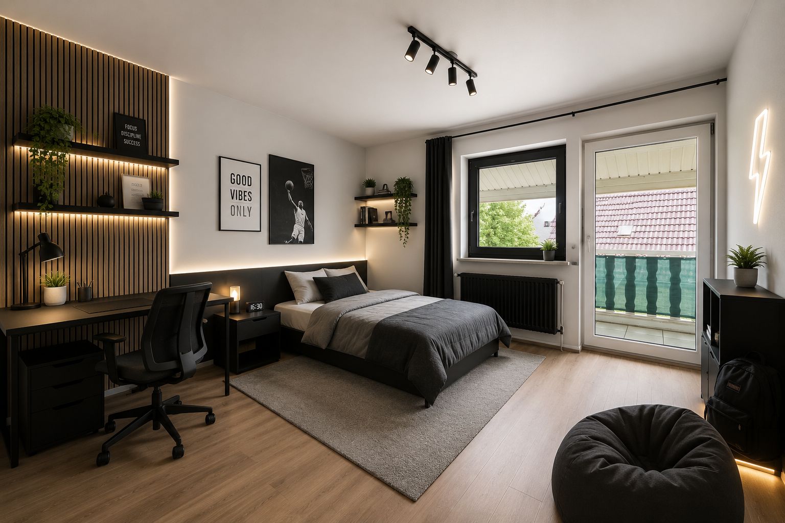 Modern eingerichtetes Schlafzimmer mit Bett, Schreibtisch, Fenster und Zugang zum Balkon.