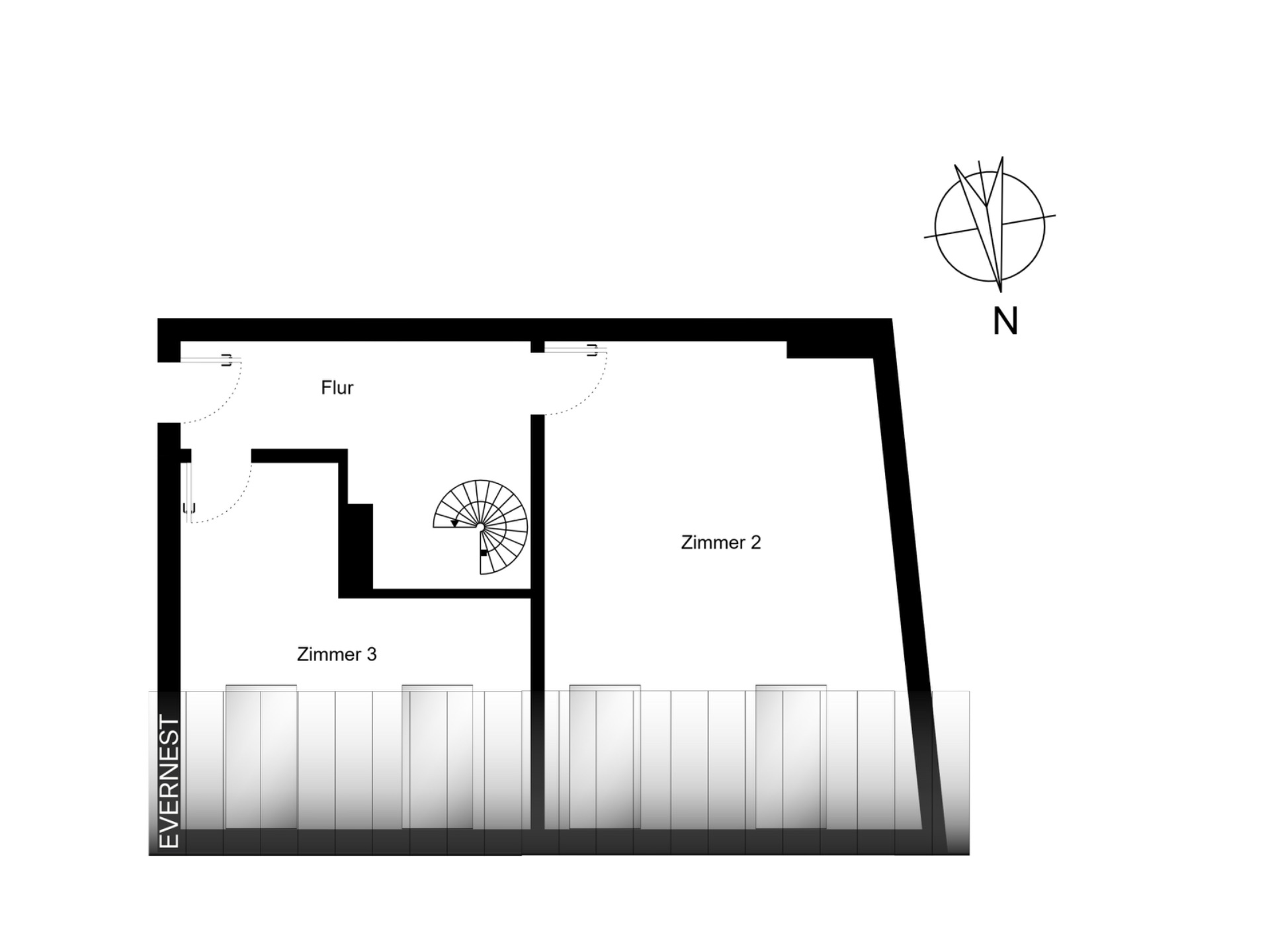 Grundriss mit Flur, Zimmer 2, Zimmer 3 und Treppe, Norden ist oben.
