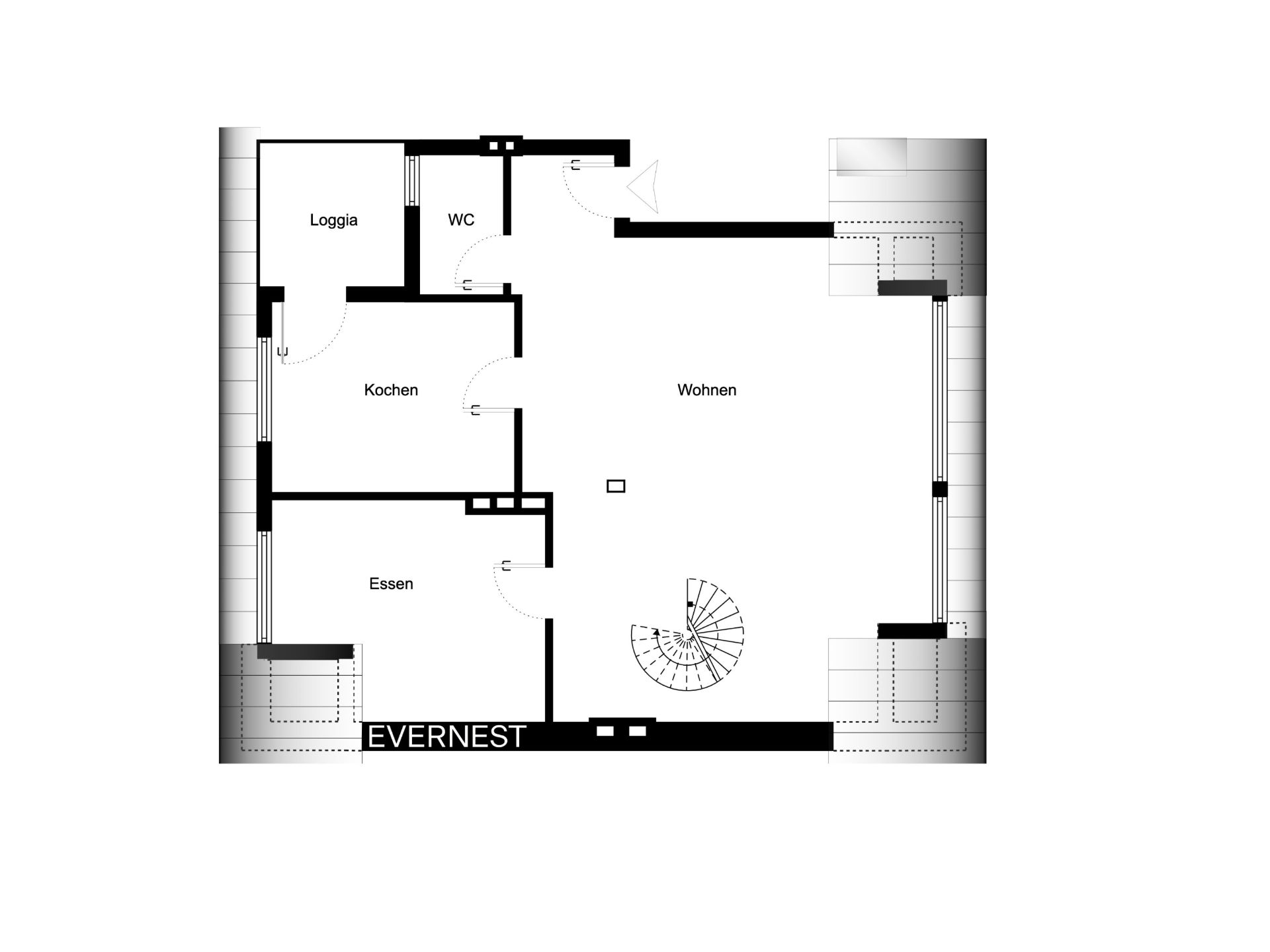 Grundriss mit Räumen: Wohnen, Essen, Kochen, WC und Loggia, sichtbar mit Treppe.