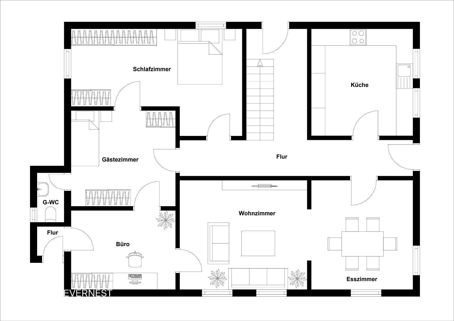 Grundriss einer Wohnung mit Schlafzimmer, Gästezimmer, Küche, Wohnzimmer, Esszimmer, Büro und WC.