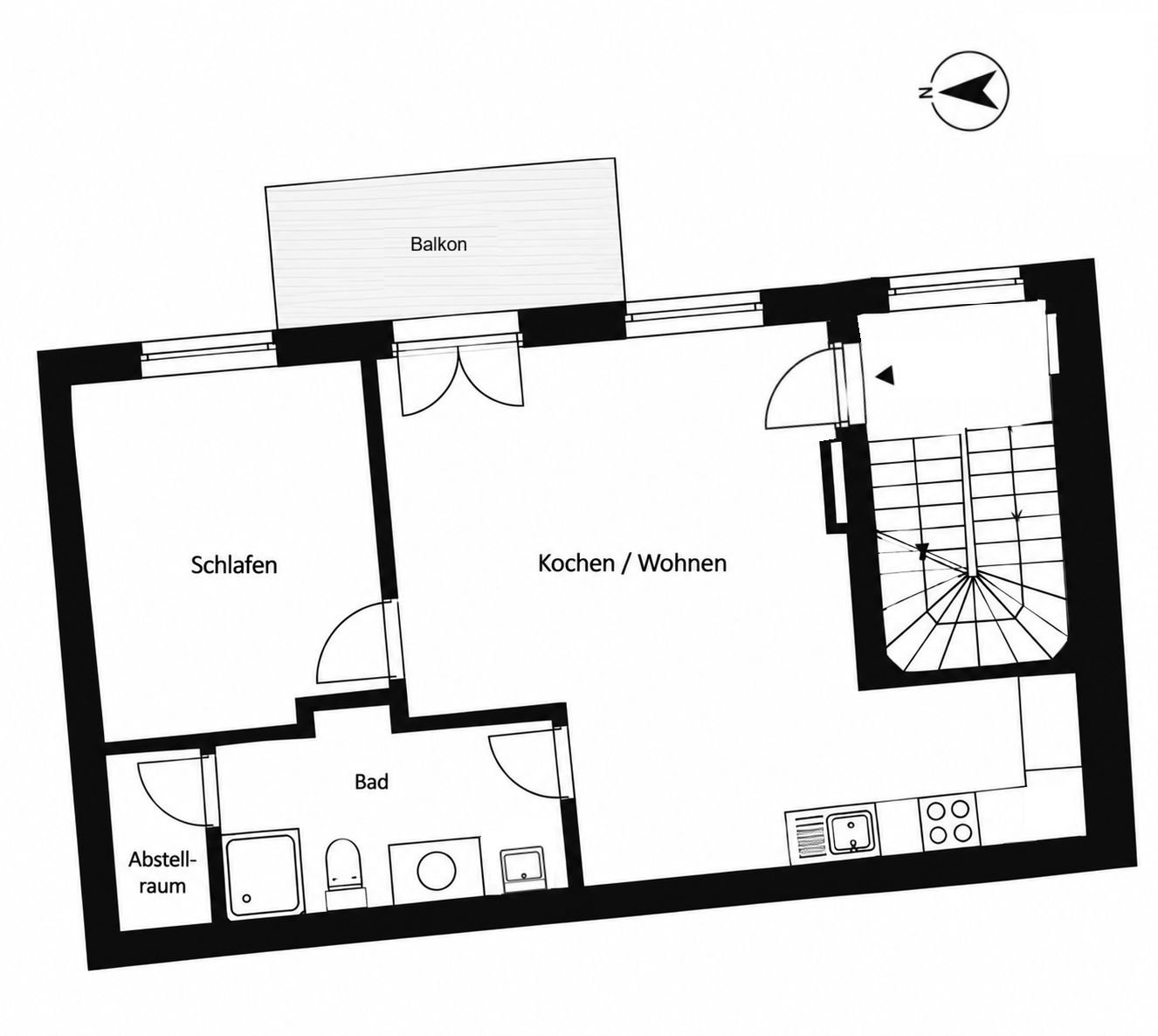 Grundriss einer Wohnung mit Schlafzimmer, Bad, Abstellraum, Wohnküche und Balkon.