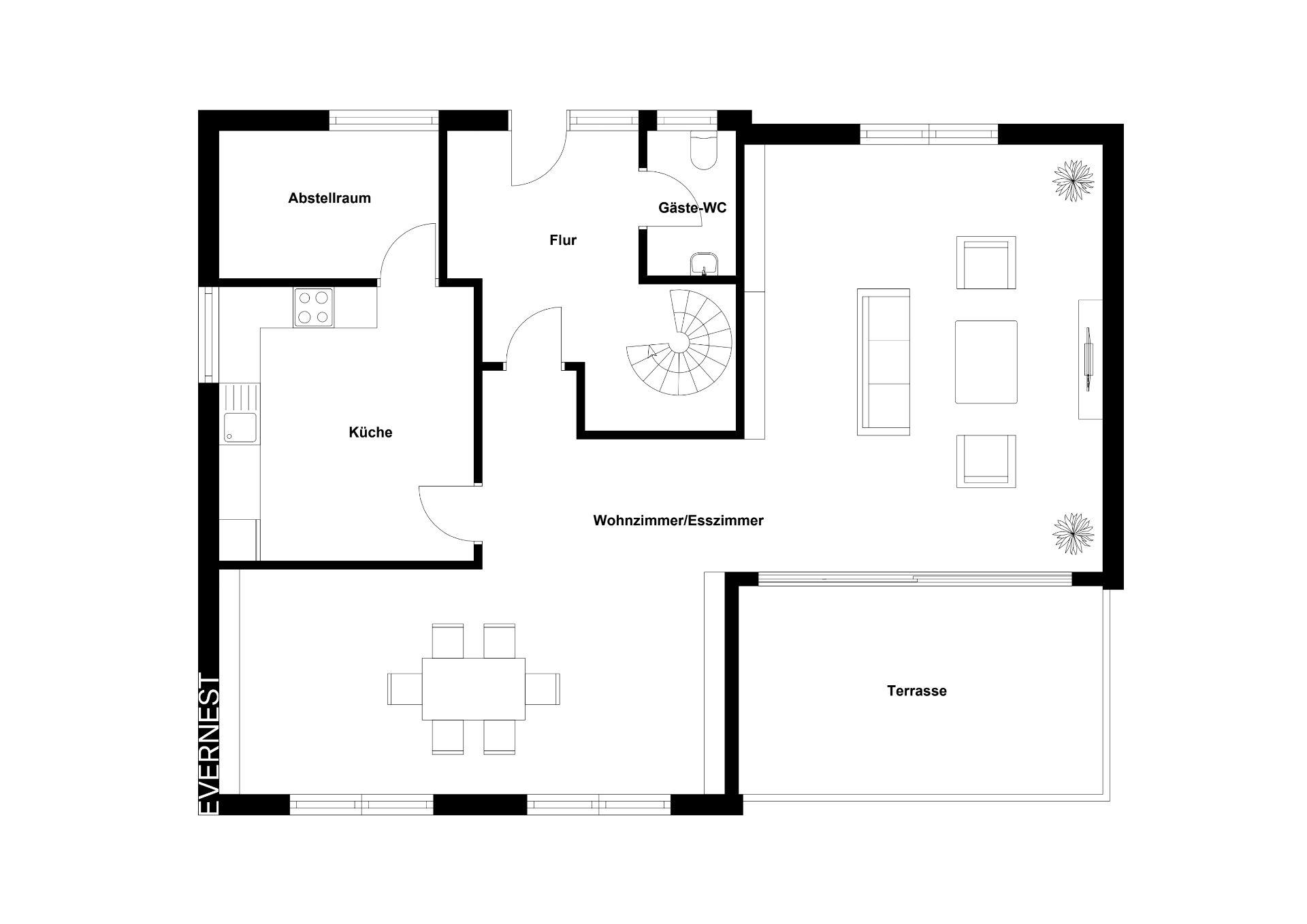 Grundriss mit Küche, Abstellraum, Gäste-WC, Wohnzimmer/Esszimmer und Terrasse.