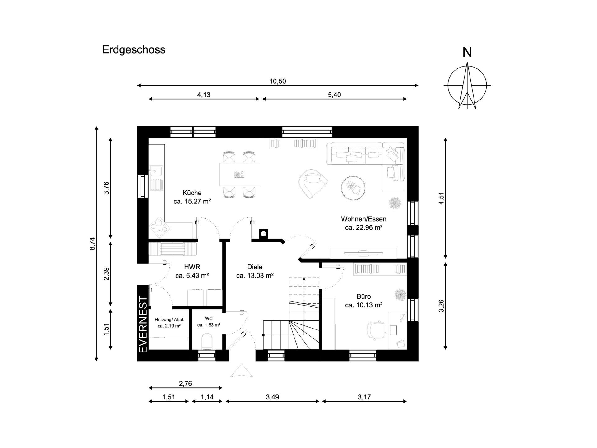 Grundriss des Erdgeschosses mit Küche, Wohnbereich, Büro, Diele, WC und Hauswirtschaftsraum.