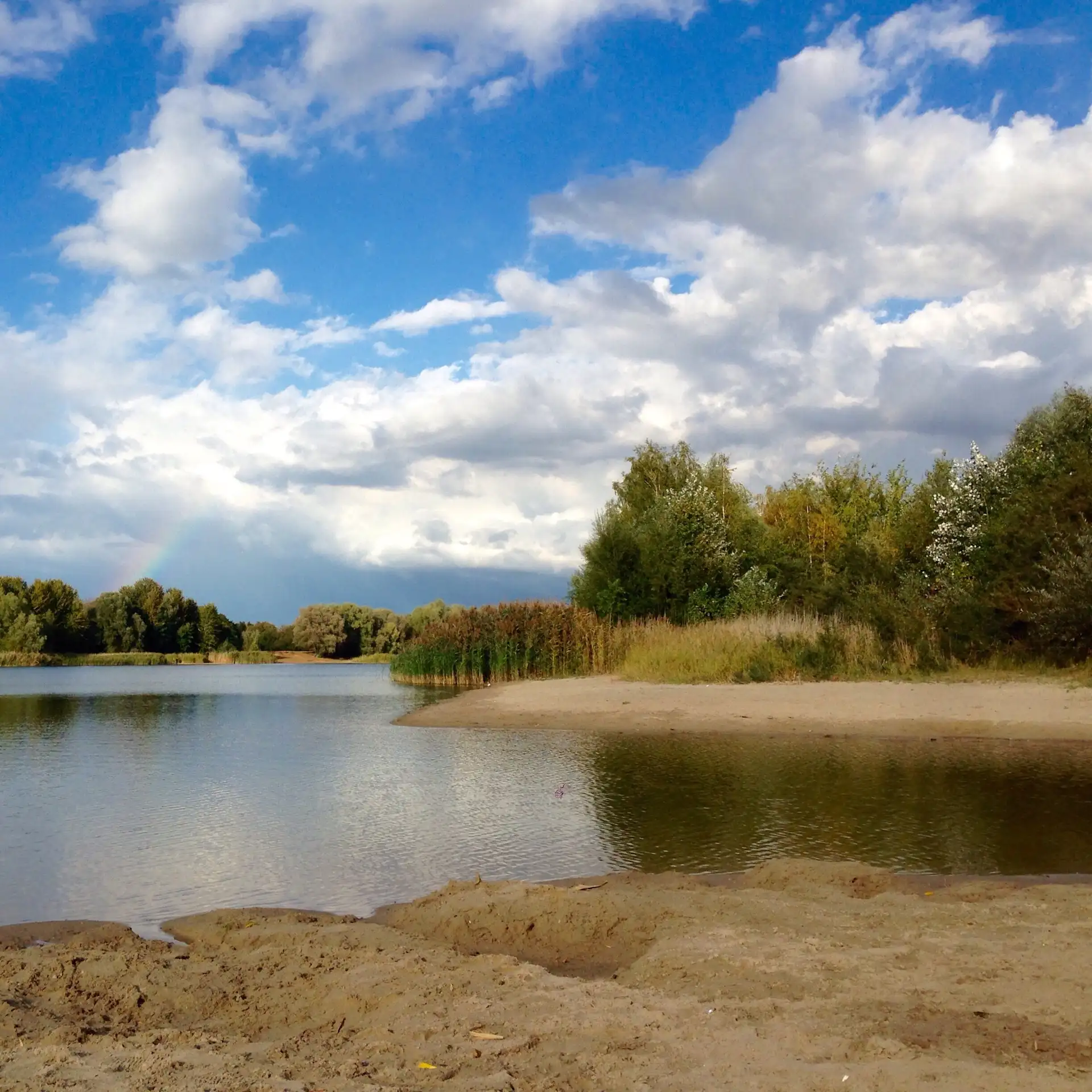 See mit Sandstrand und Bäumen im Hintergrund, teils bewölkter Himmel.