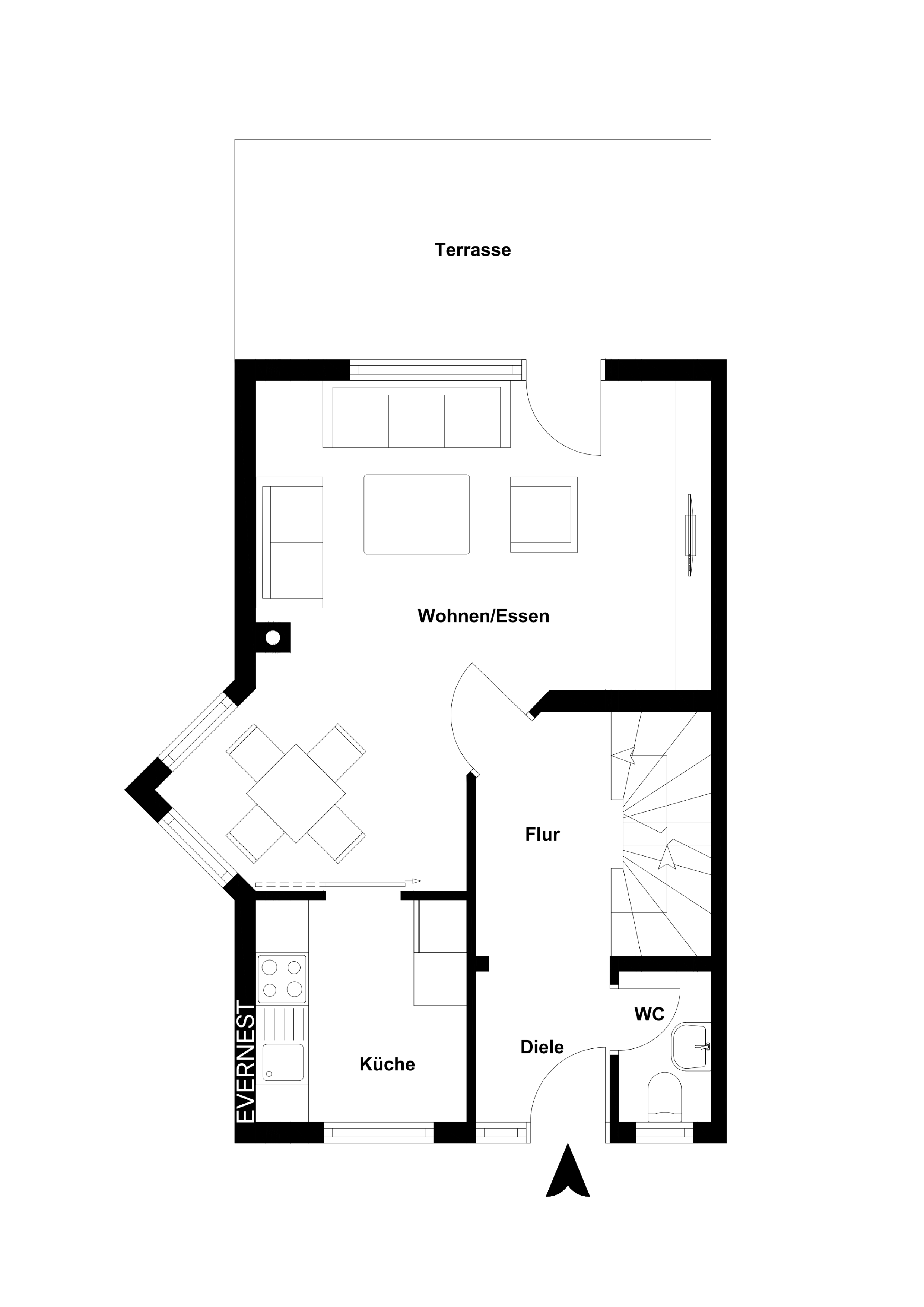Grundriss eines Wohnhauses mit Terrasse, Wohnzimmer, Küche, Flur, Diele und WC.