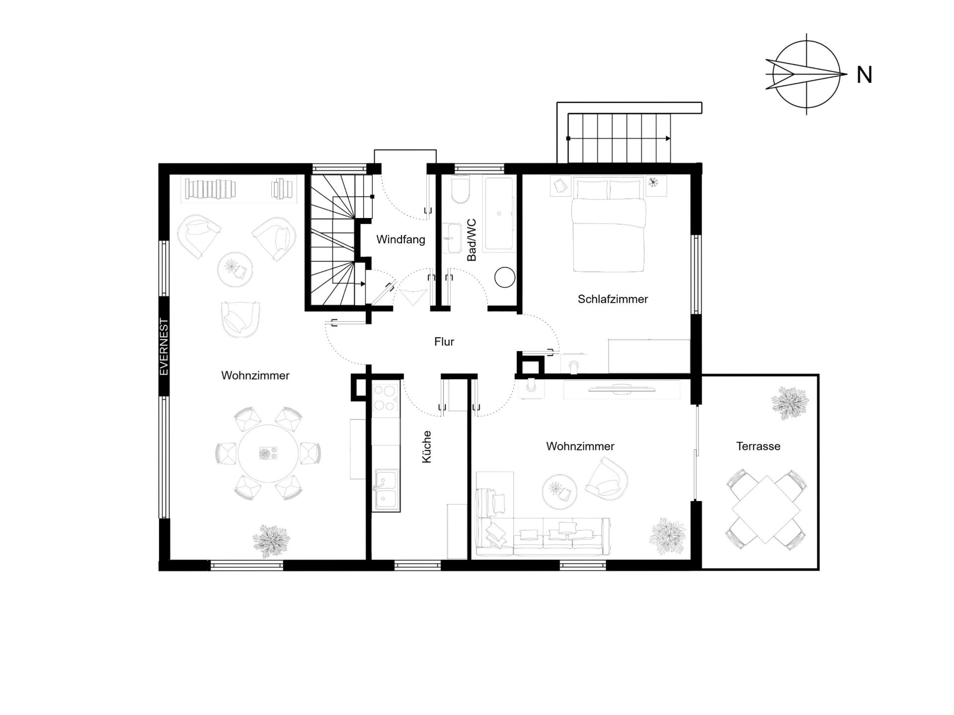 Grundriss einer Wohnung mit zwei Wohnzimmern, Küche, Schlafzimmer, Bad und Terrasse.