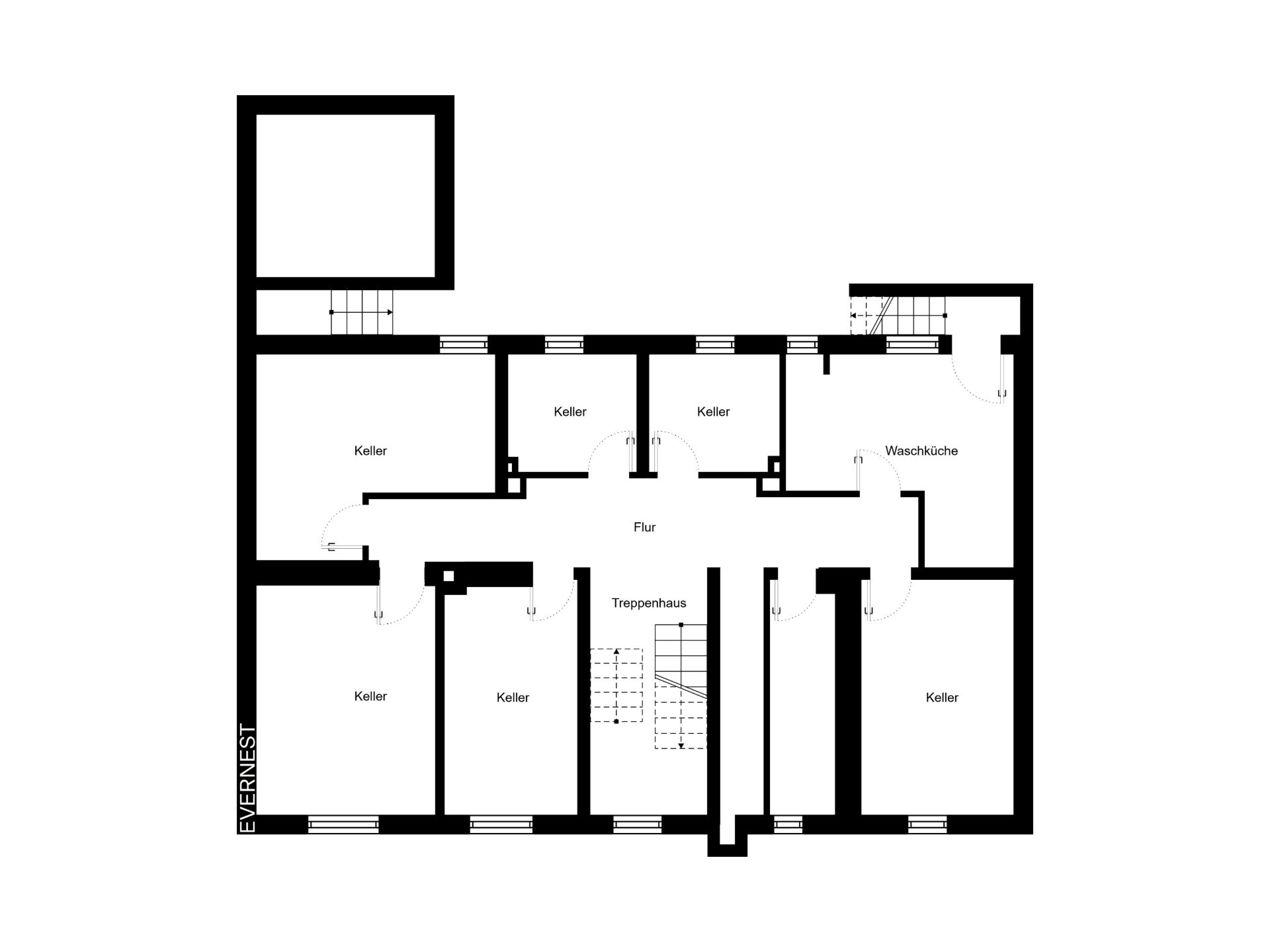 Grundriss eines Kellers mit mehreren Kellerräumen, Flur, Treppenhaus und Waschküche.