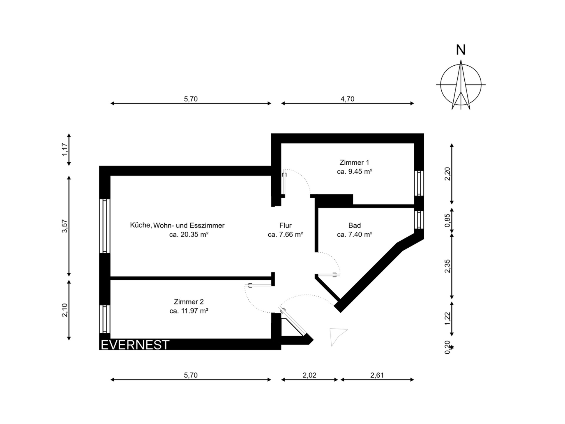 Grundriss mit Küche, Wohn- und Esszimmer, zwei Zimmern, Bad und Flur.