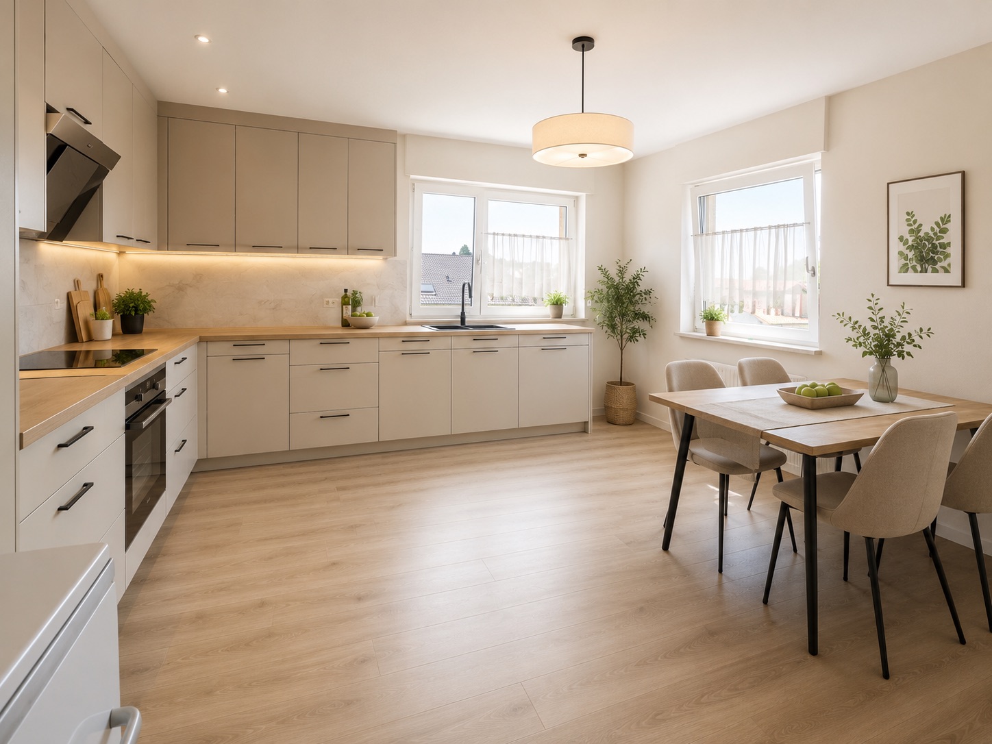 Helle, moderne Küche mit Esstisch, vier Stühlen und Pflanzen auf hellen Holzboden.