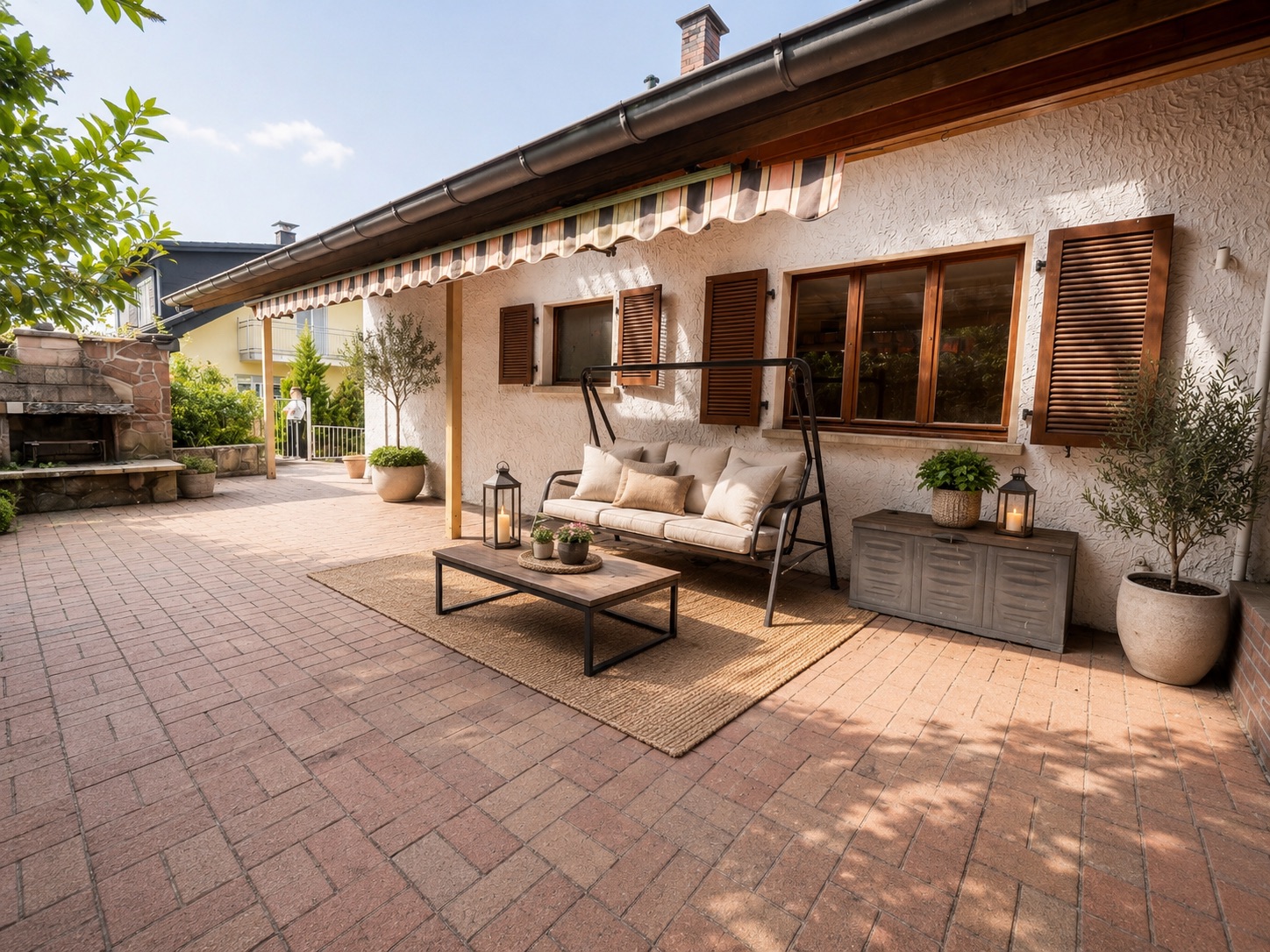 Große Terrasse mit Sofa, Couchtisch, Pflanzen, Markise und Steinofen neben einem Wohnhaus.