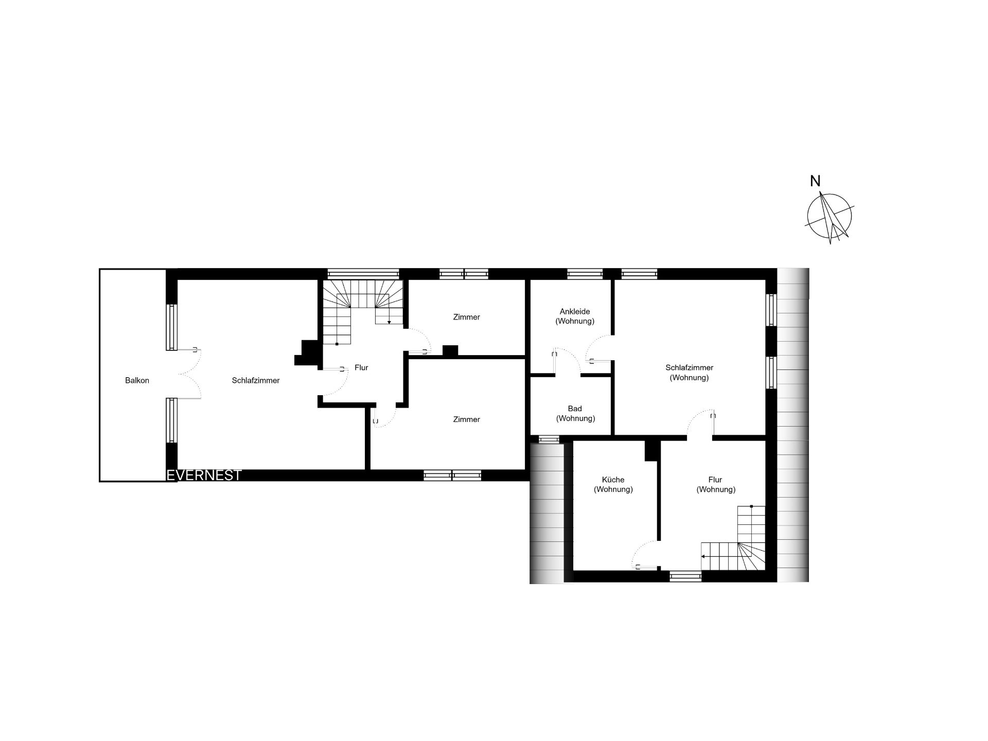 Grundriss eines Wohnhauses mit Schlafzimmern, Fluren, Bad, Küche und Balkon.