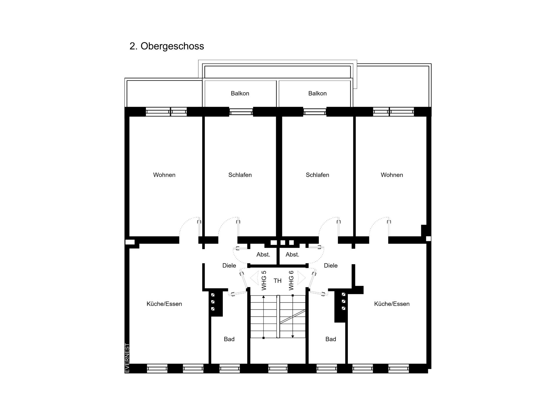 Grundriss des zweiten Obergeschosses mit Wohn-, Schlaf-, Küchen- und Badezimmern sowie Balkonen.