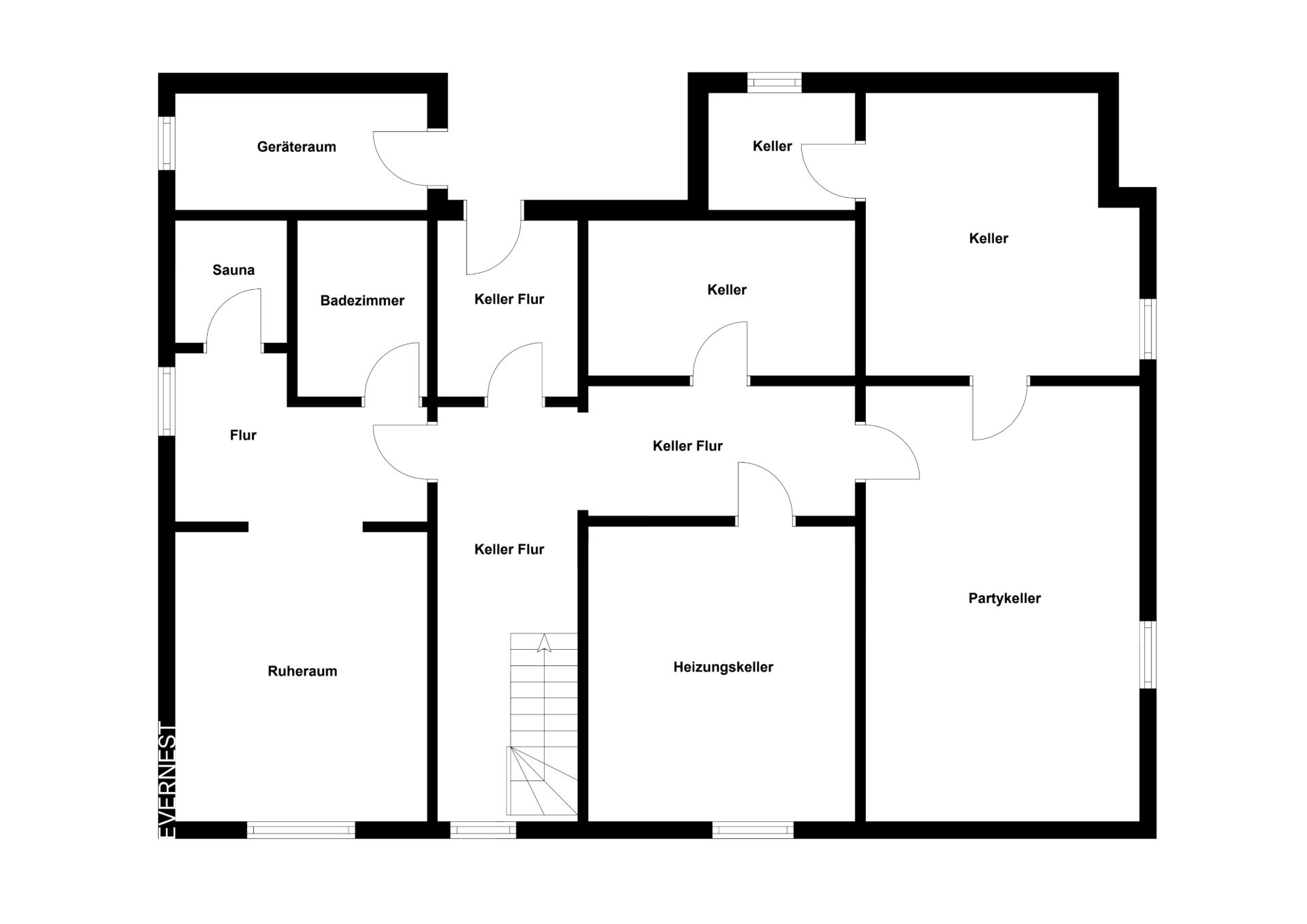 Grundriss eines Kellers mit Sauna, Partyraum, Ruheraum und mehreren Kellerräumen.
