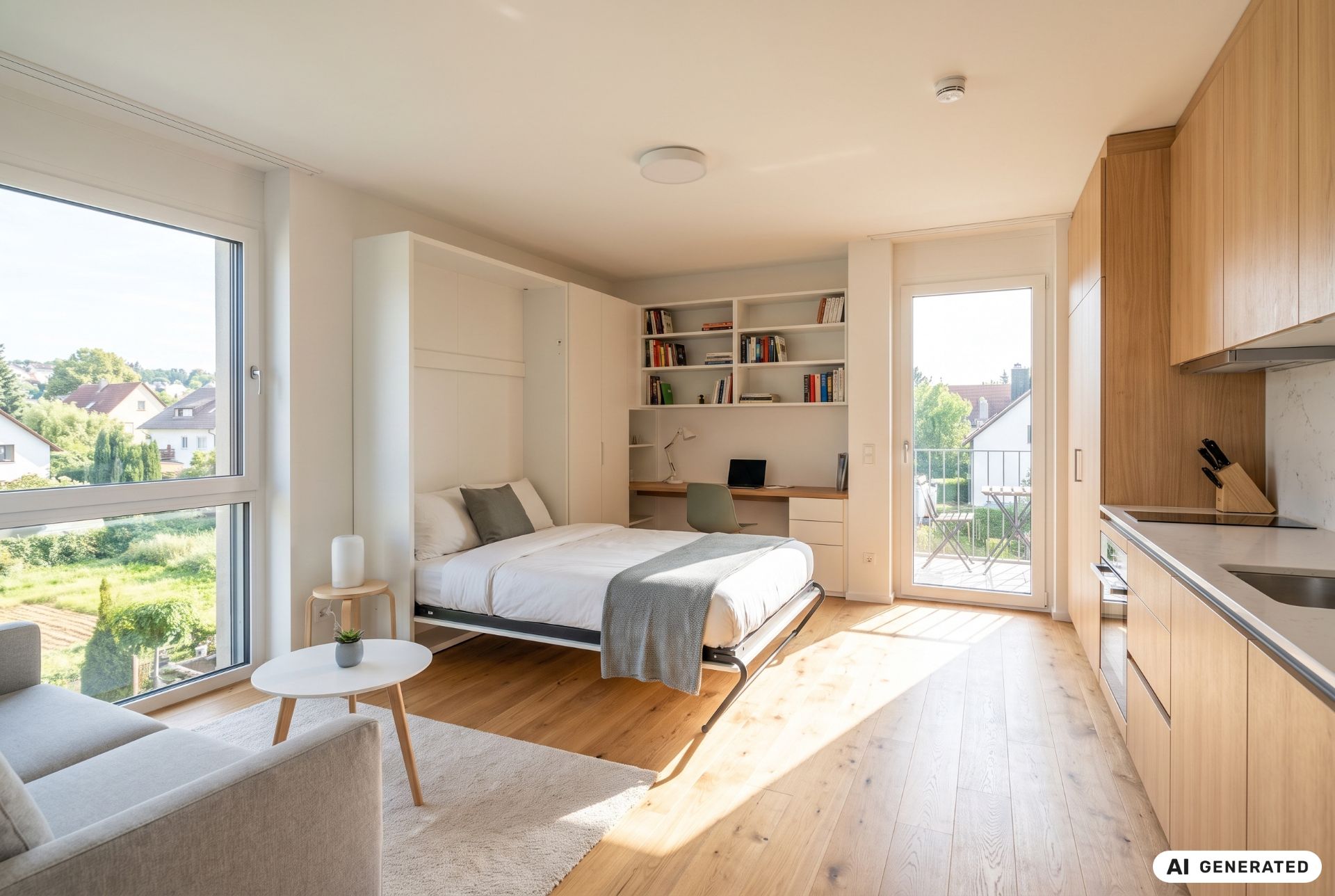 Helles Studio mit Bett, Sofa, Küchenzeile, Schreibtisch und großem Fenster.