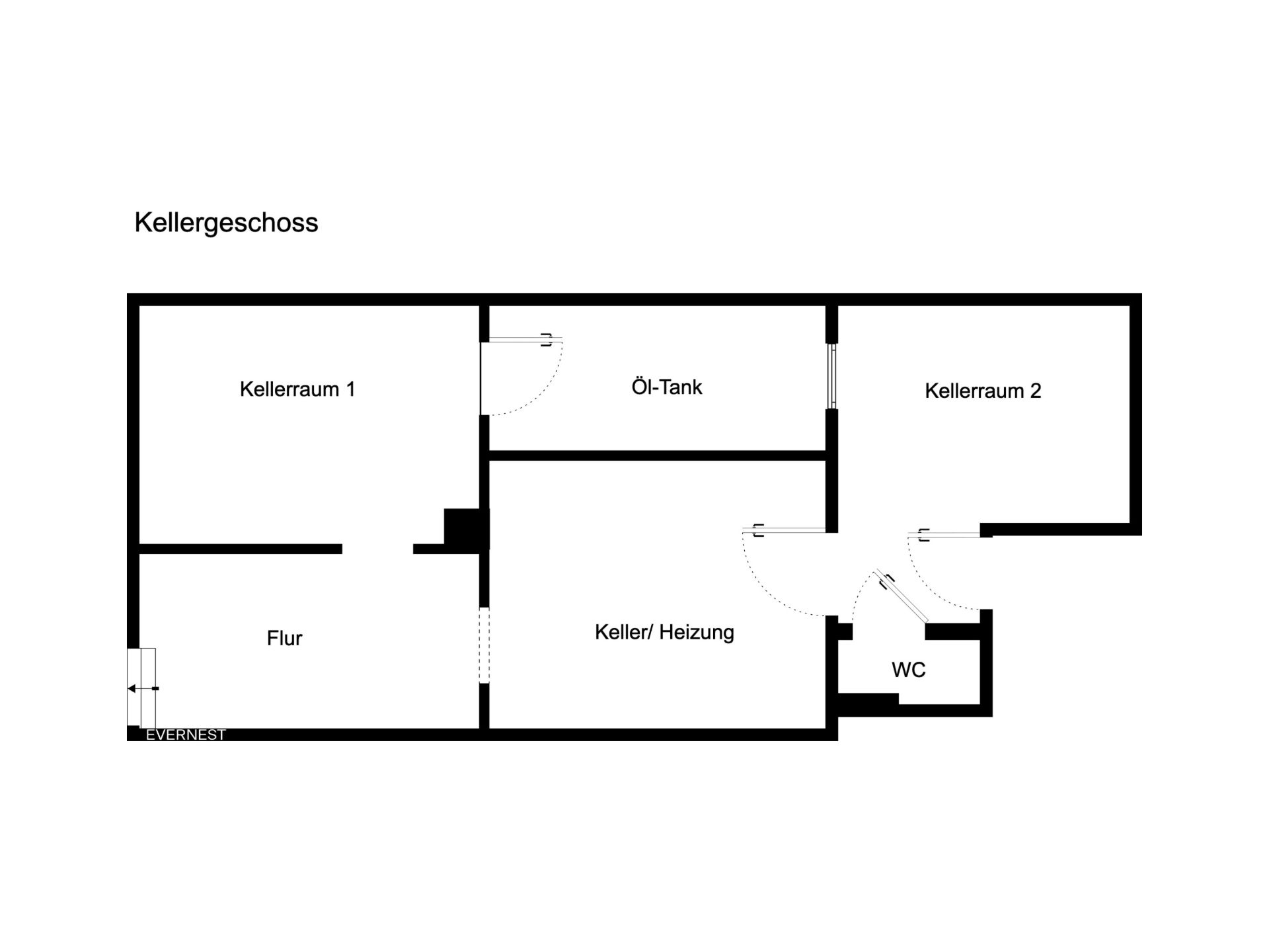 Grundriss des Kellergeschosses mit zwei Kellerräumen, Flur, Heizungskeller, Öltankraum und WC.