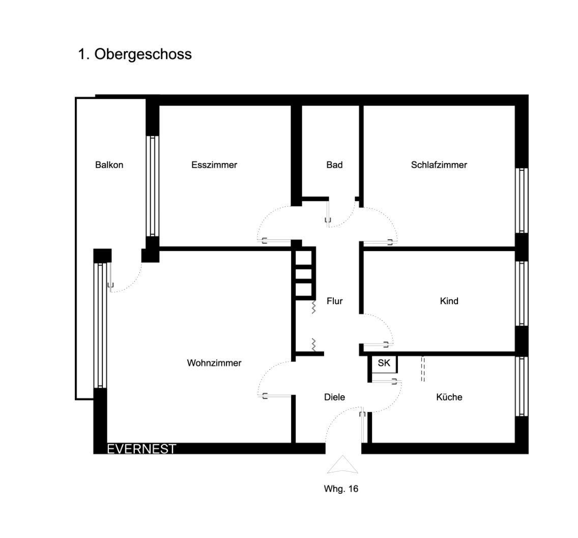 Grundriss einer Wohnung mit Wohnzimmer, Schlafzimmer, Esszimmer, Kinderzimmer, Küche, Bad und Balkon.