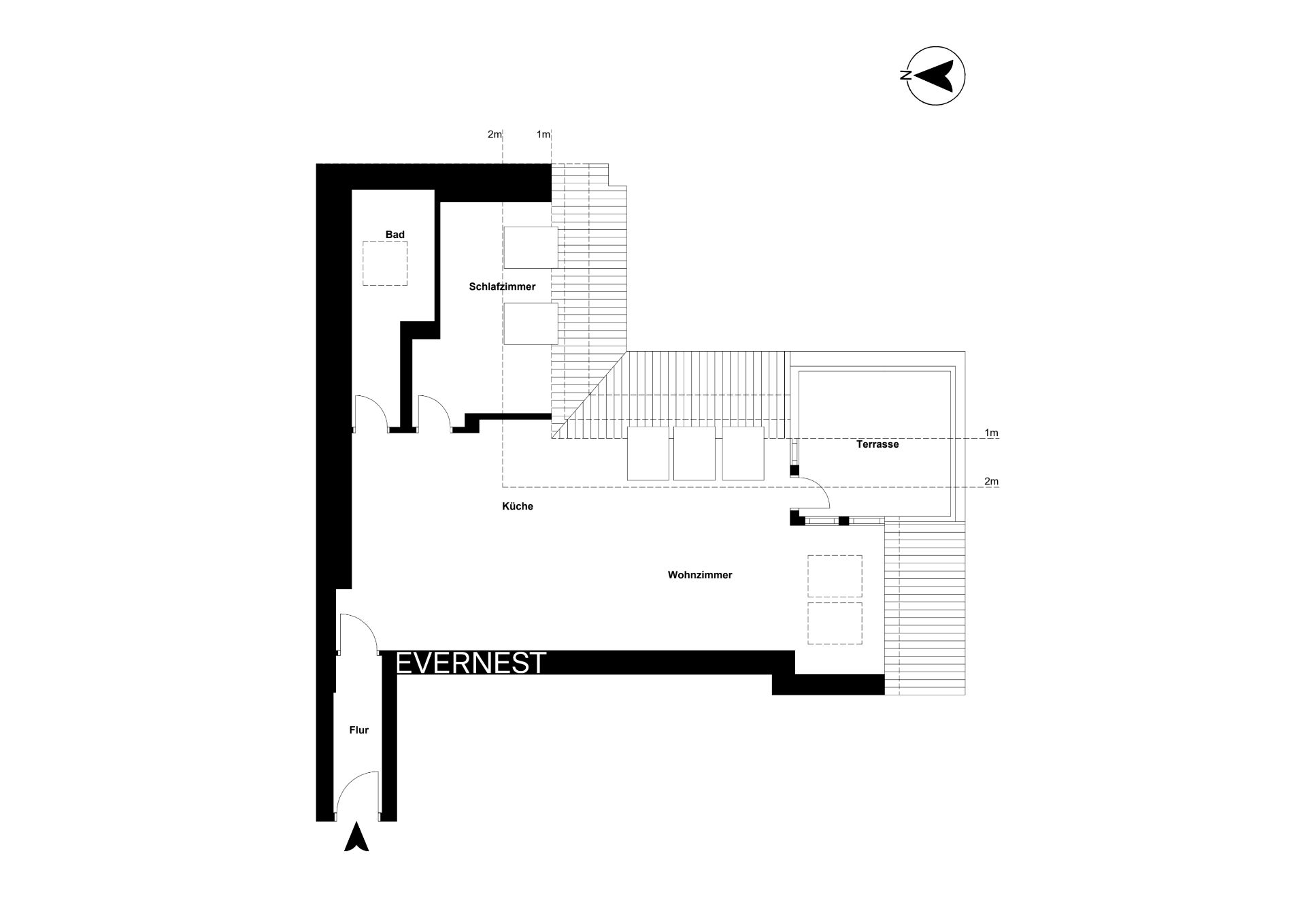 Grundriss einer Wohnung mit Schlafzimmer, Bad, Küche, Wohnzimmer, Flur und Terrasse.