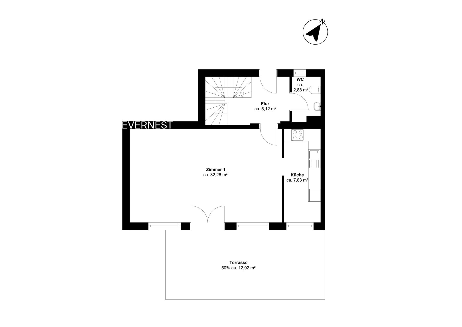 Grundriss mit Zimmer, Küche, WC, Flur und Terrasse, Flächengrößen sind angegeben.