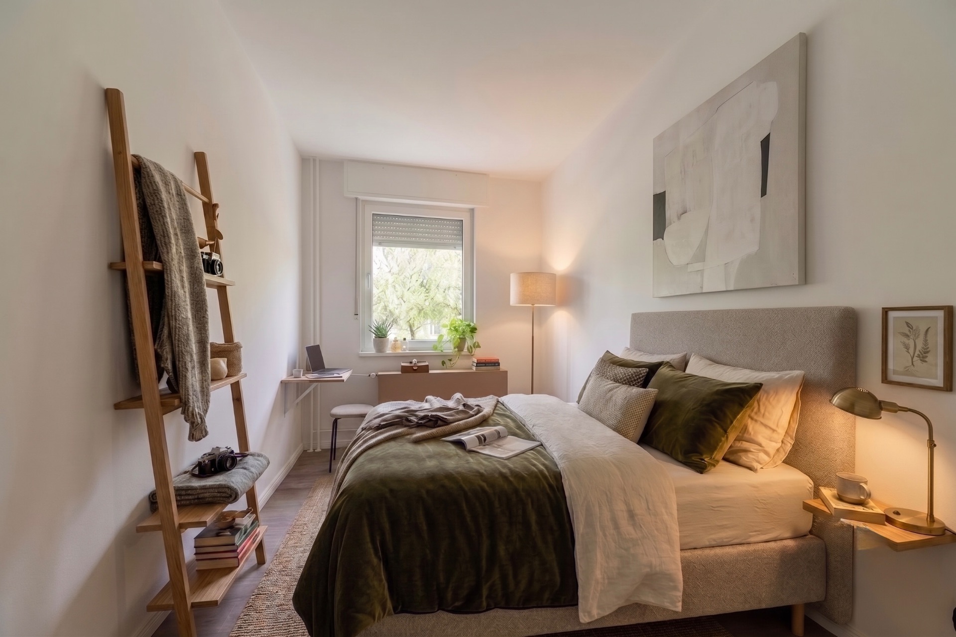 Gemütliches Schlafzimmer mit Doppelbett, Schreibtisch am Fenster und Regal an der Wand.