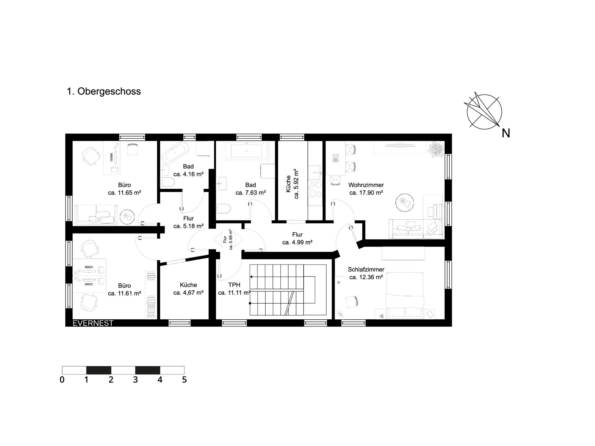 Grundriss eines Obergeschosses mit Wohn-, Schlaf-, Arbeitszimmern, Küche, Bädern und Fluren.