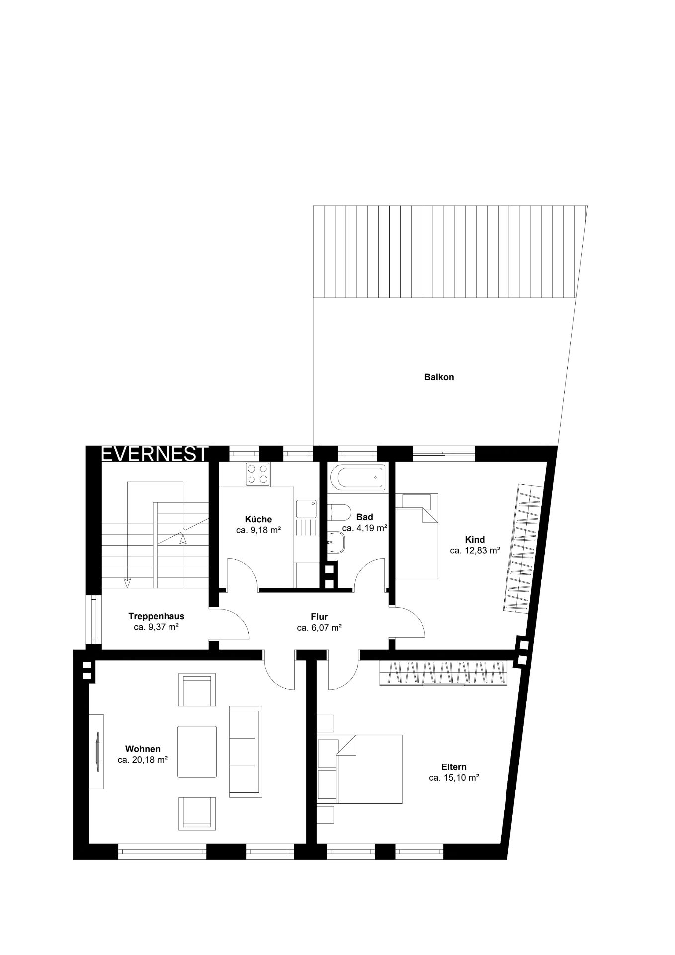 Grundriss einer Wohnung mit Wohnzimmer, Küche, Bad, Flur, Schlafzimmer, Kinderzimmer und Balkon.