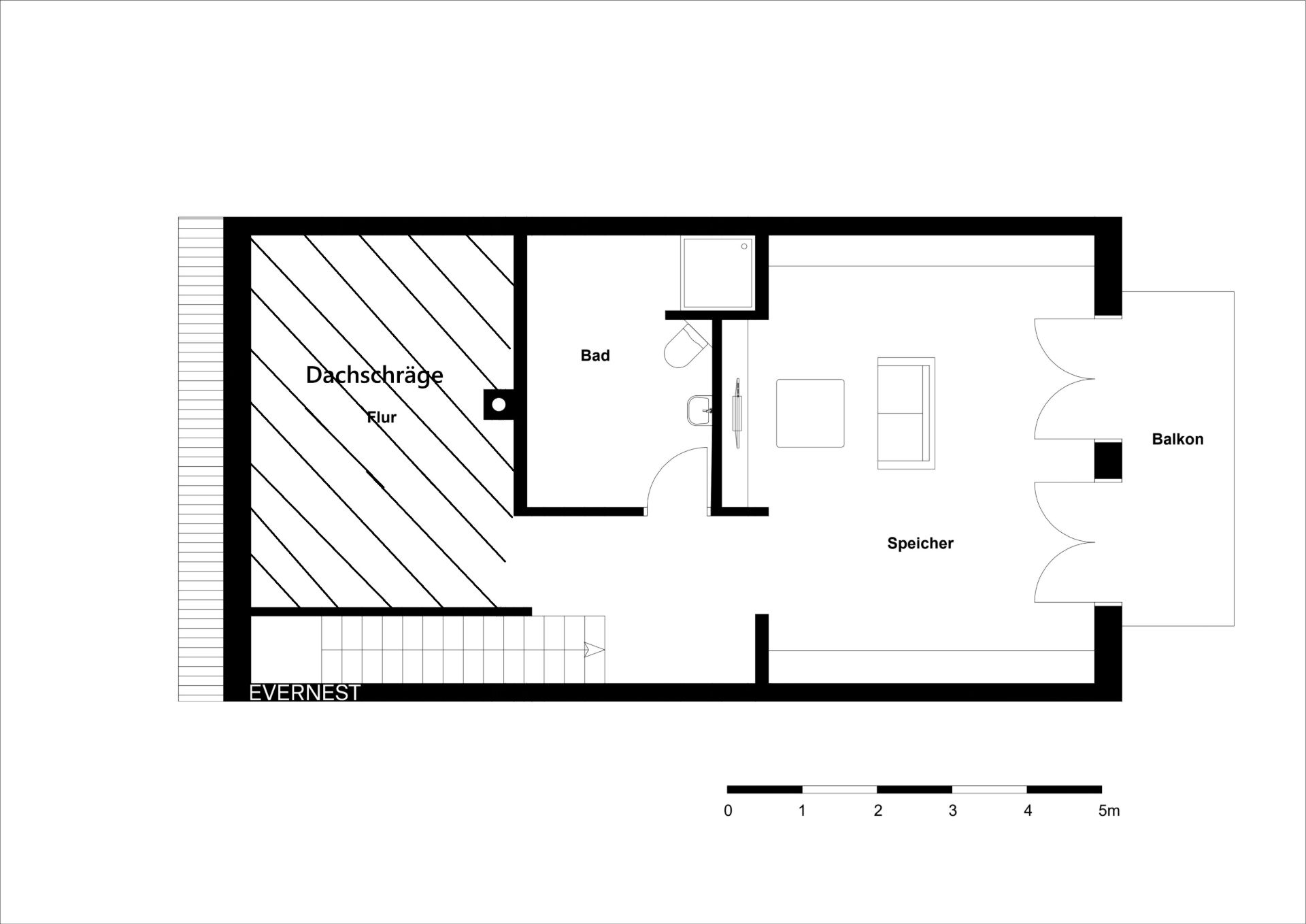 Grundriss mit Flur, Bad, Speicherraum und Balkonzugang.