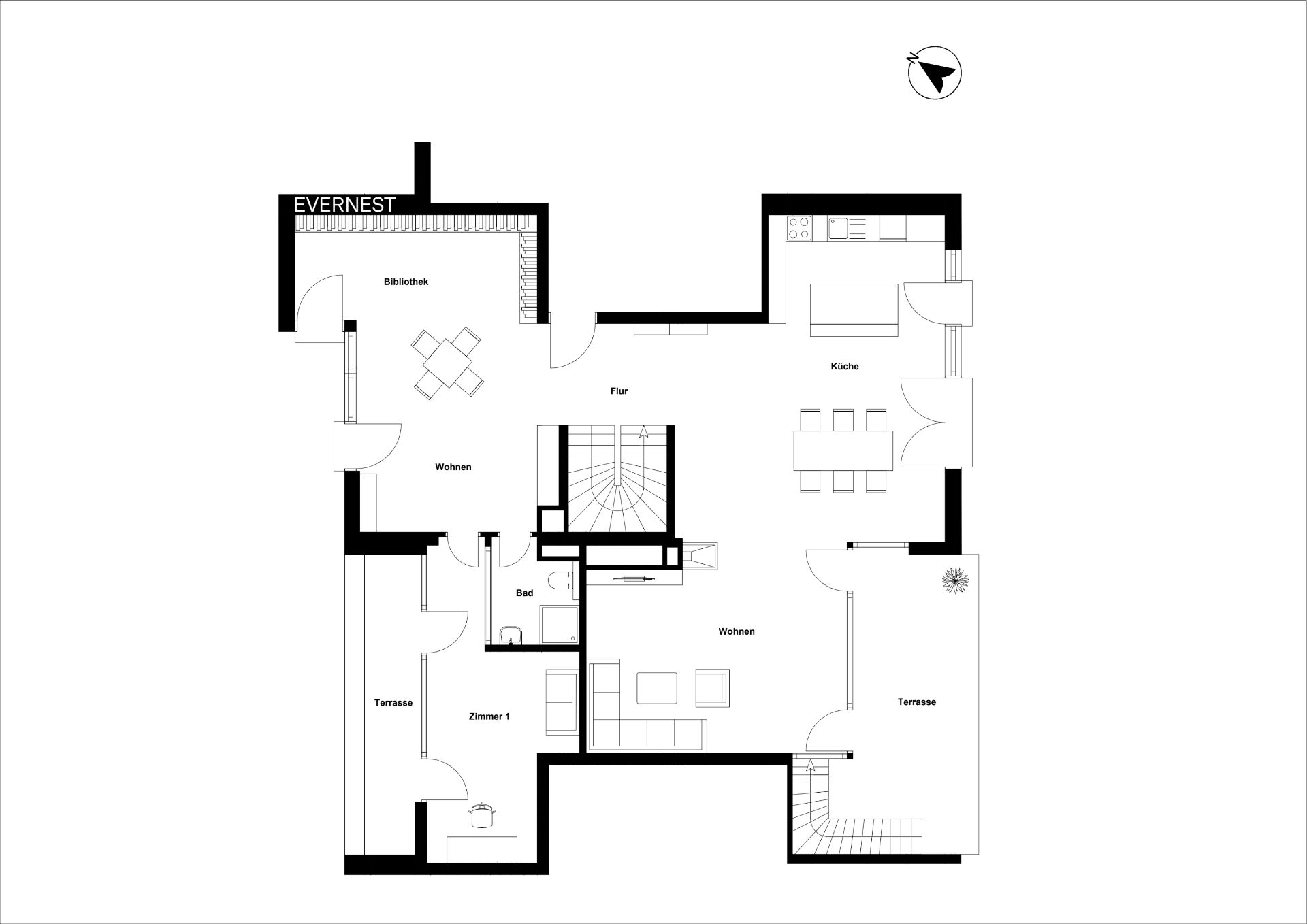 Grundriss einer Wohnung mit Bibliothek, Küche, Wohnzimmer, Bad, Zimmer und zwei Terrassen.