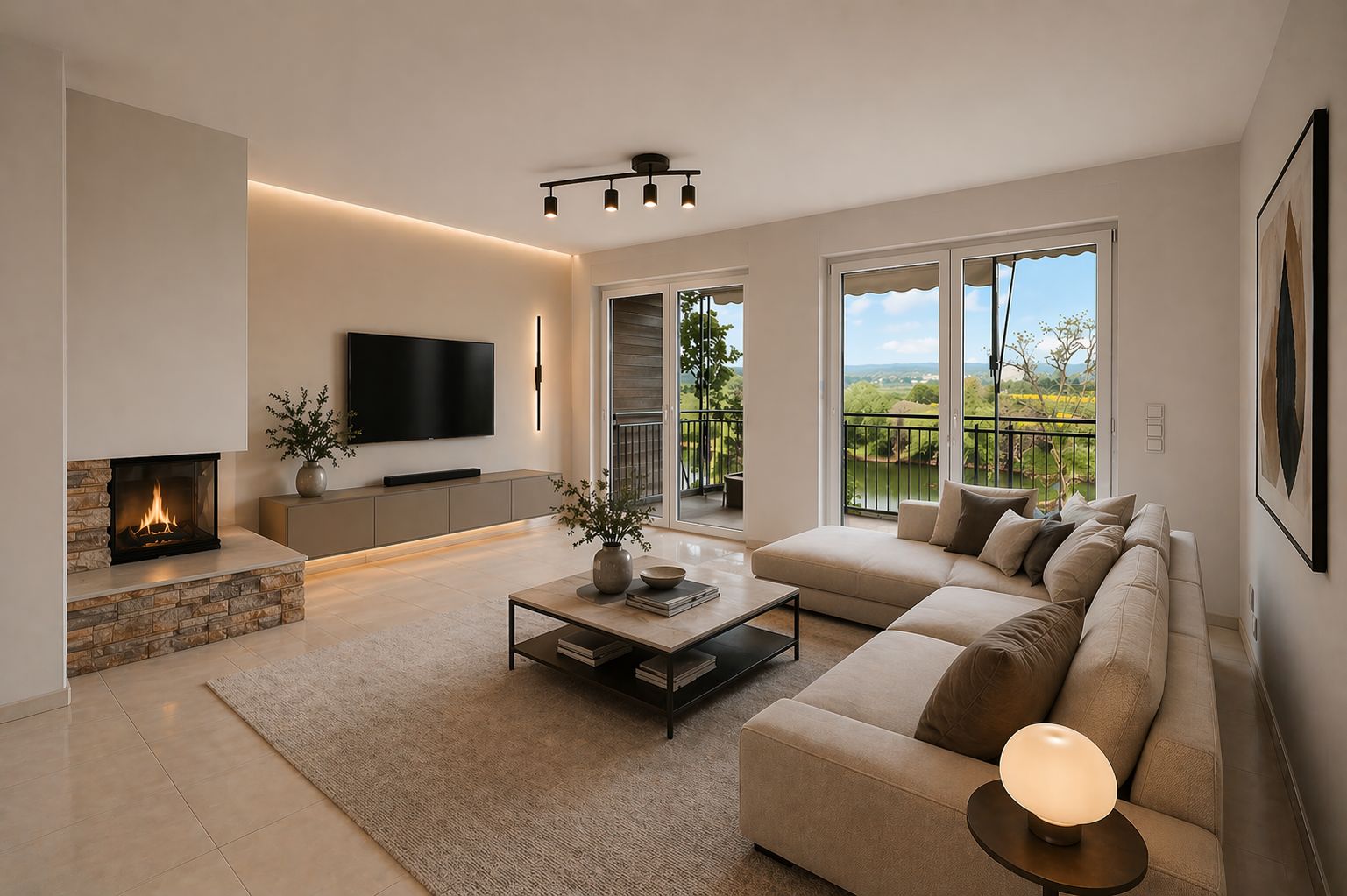 Modernes Wohnzimmer mit Ecksofa, Kamin, Couchtisch und großem Fenster mit Blick ins Grüne.