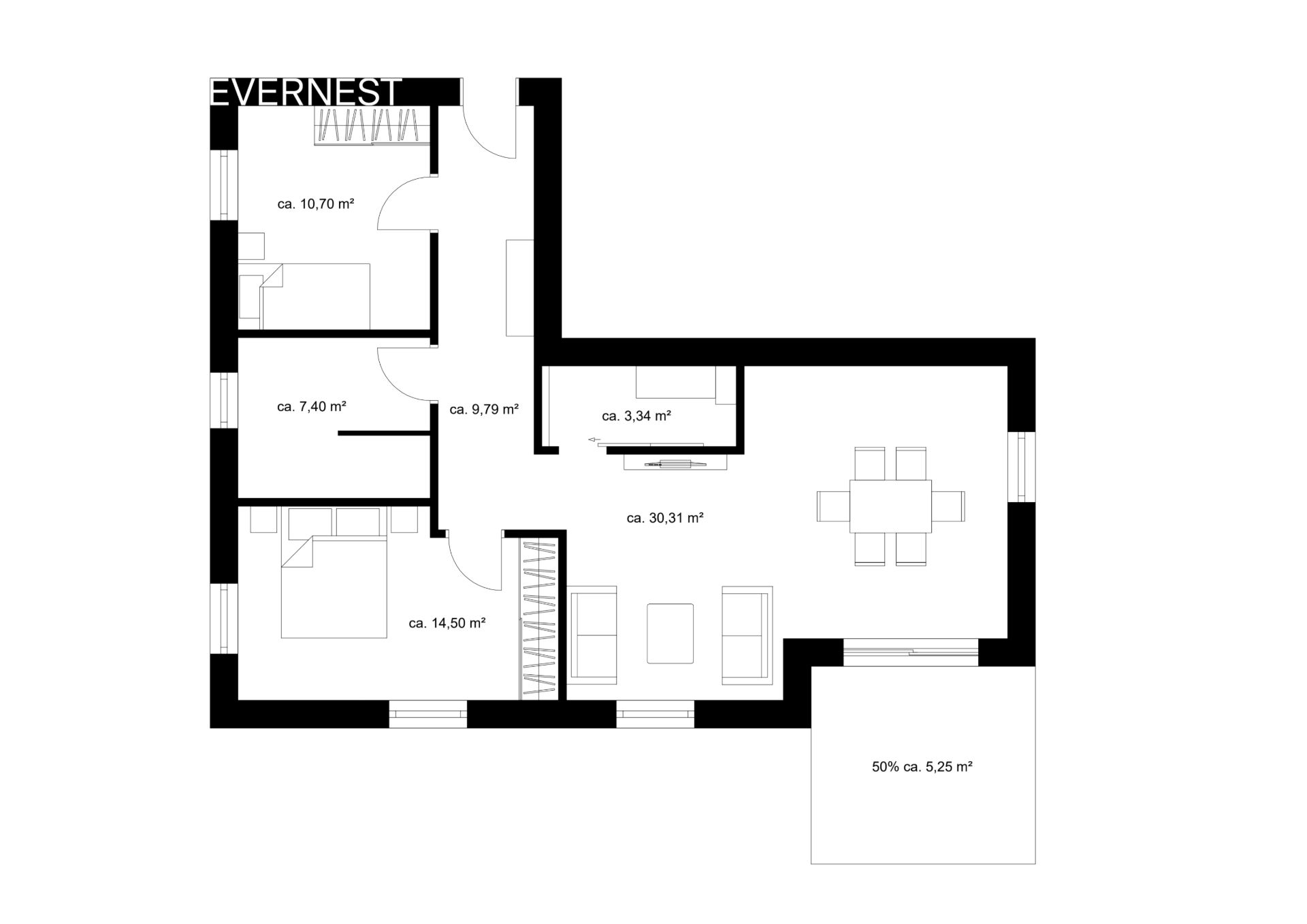 Grundriss einer Wohnung mit Wohnzimmer, Schlafzimmer, Bad, Küche und Balkon.