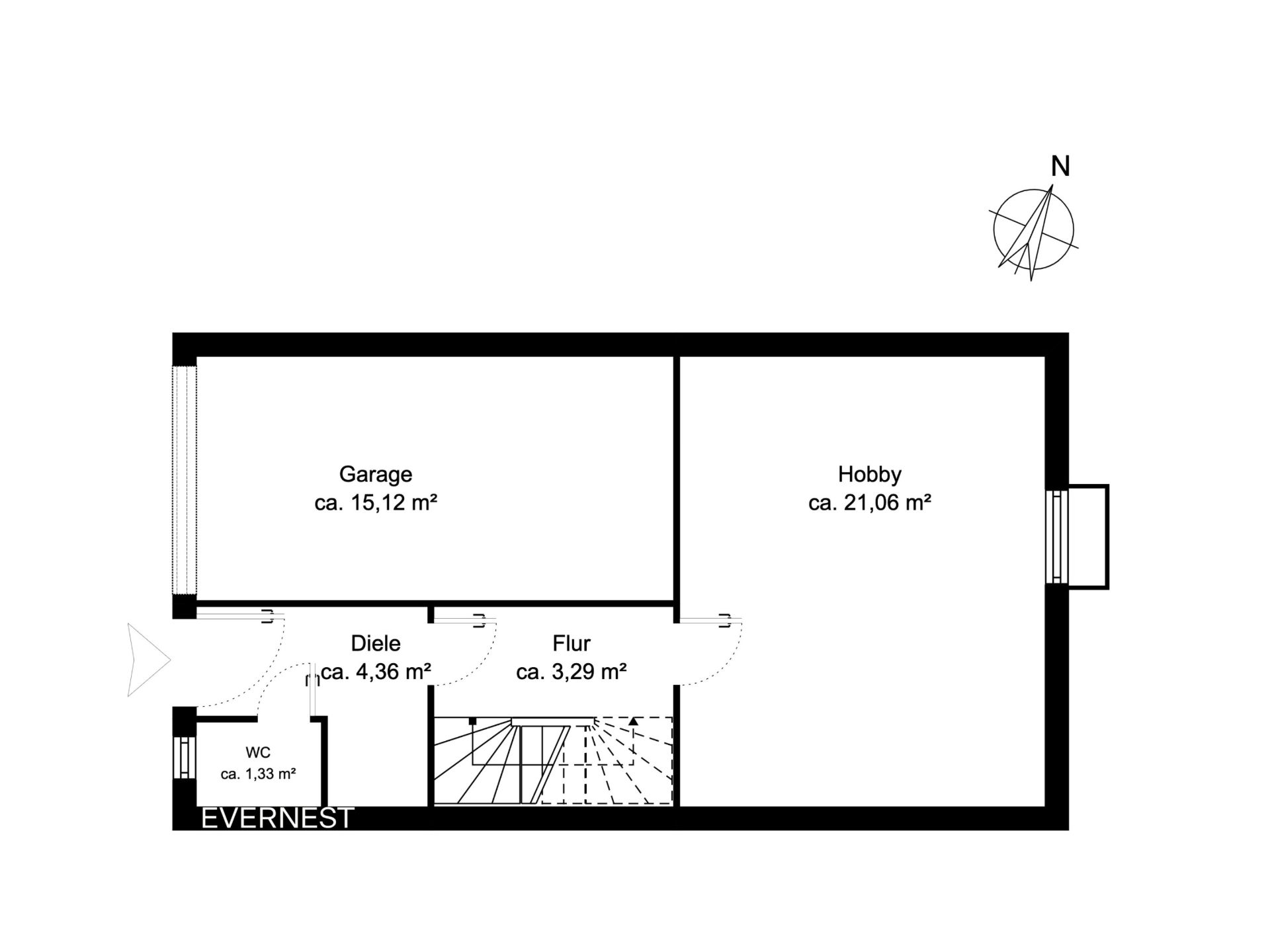 Grundriss mit Garage, Hobbyraum, WC, Diele und Flur, Flächen in Quadratmetern angegeben.