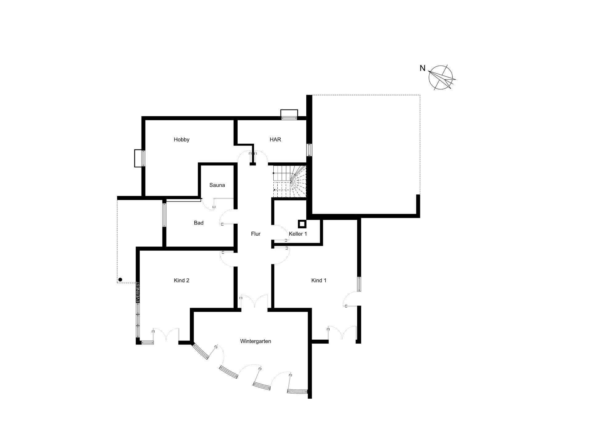 Grundriss eines Wohnhauses mit Wintergarten, zwei Kinderzimmern, Bad, Sauna und Hobbyraum.