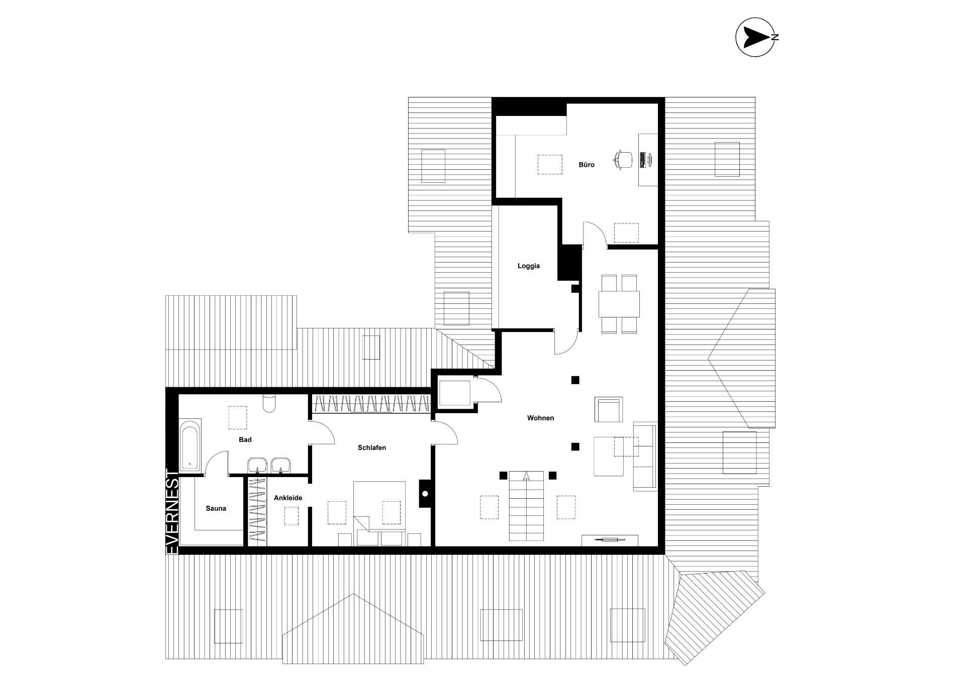Grundriss einer Wohnung mit Wohnzimmer, Schlafzimmer, Bad, Sauna, Büro und Loggia.