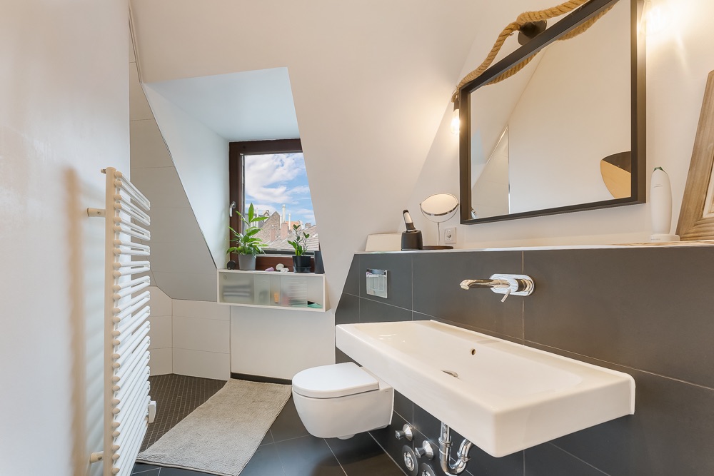 Modernes Badezimmer mit Wandspiegel, Waschbecken, WC und Dachfenster mit Pflanzen.