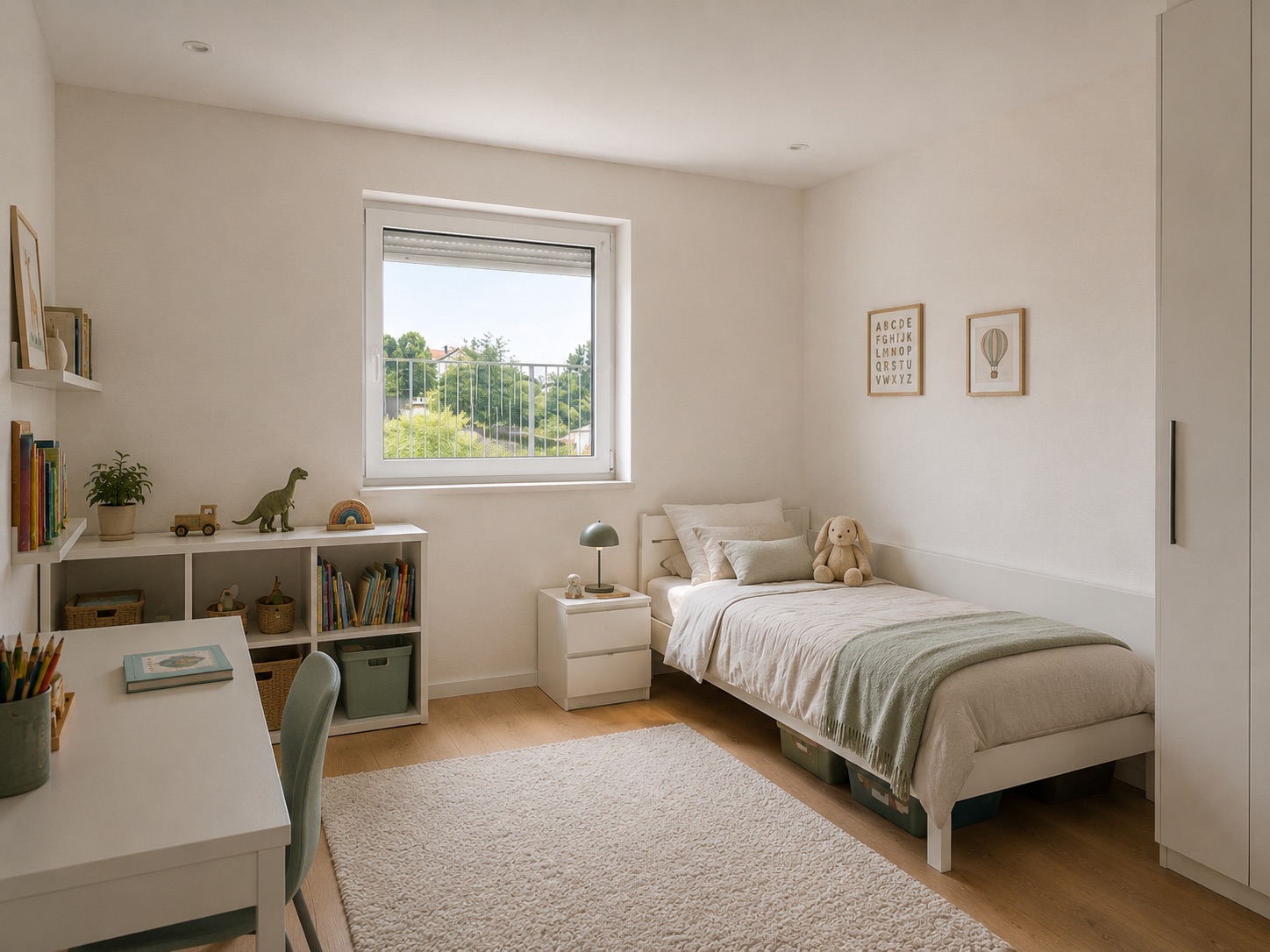 Helles Kinderzimmer mit Einzelbett, Schreibtisch, Regal und großem Fenster.