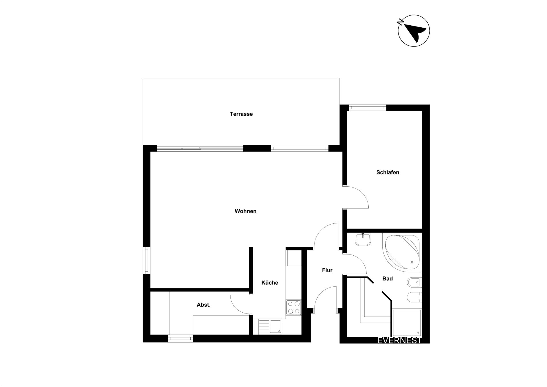 Grundriss mit Wohnzimmer, Schlafzimmer, Küche, Bad, Abstellraum, Flur und Terrasse.