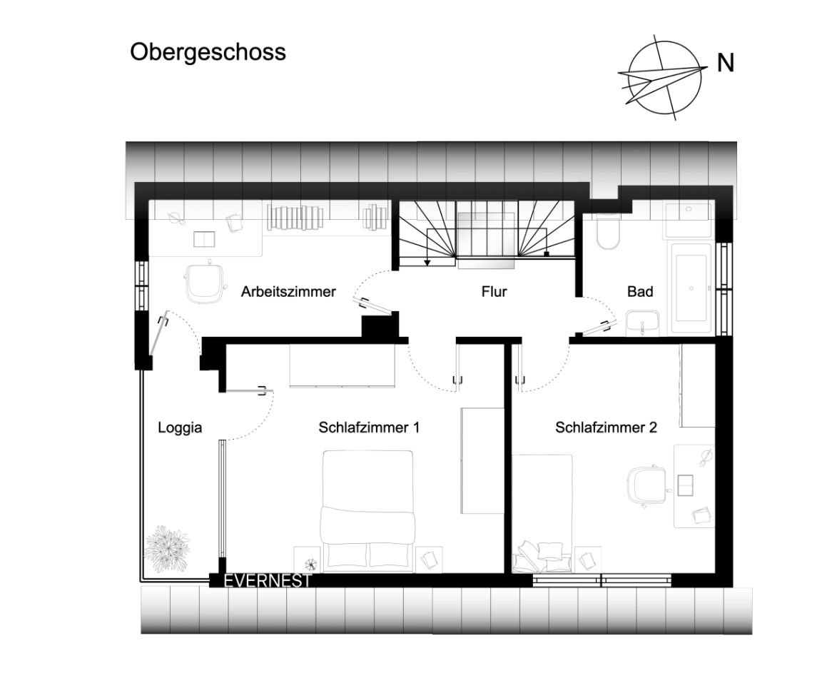 Grundriss eines Obergeschosses mit Flur, zwei Schlafzimmern, Bad, Arbeitszimmer und Loggia.
