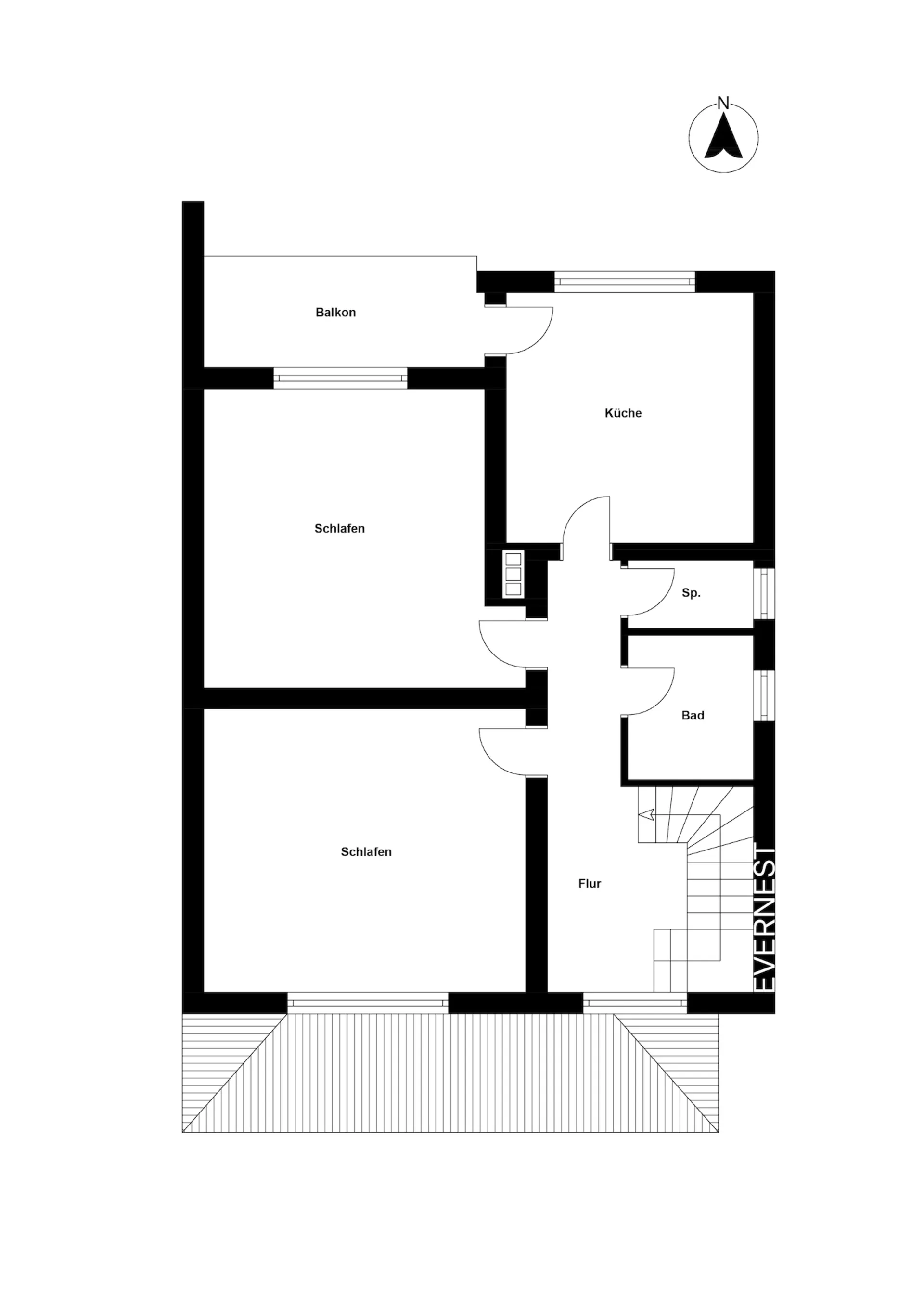 Grundriss einer Wohnung mit zwei Schlafzimmern, Küche, Bad, Flur, Abstellraum und Balkon.