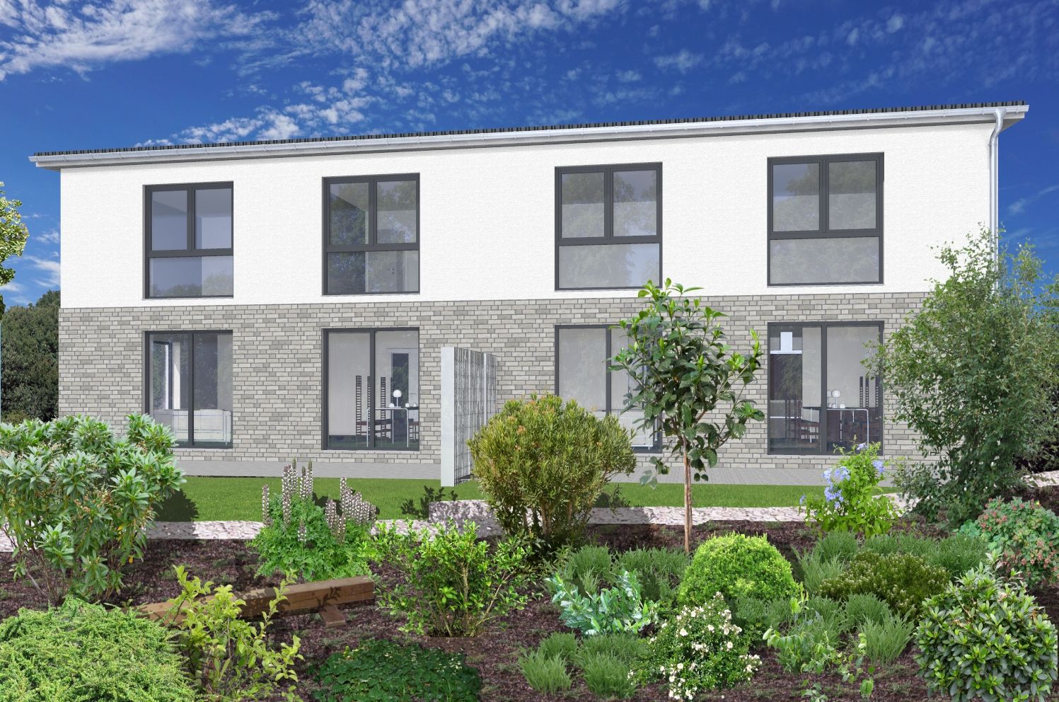 Modernes zweistöckiges Wohnhaus mit großen Fenstern und Garten im Vordergrund.