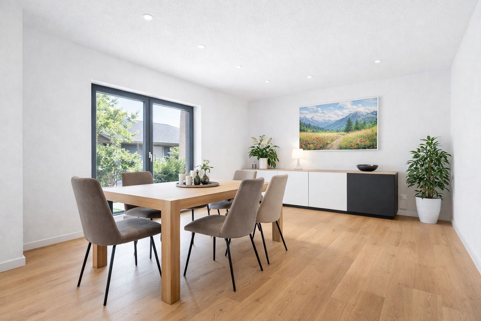 Helles Esszimmer mit Holztisch, sechs Stühlen, Sideboard und großen Fenstern.