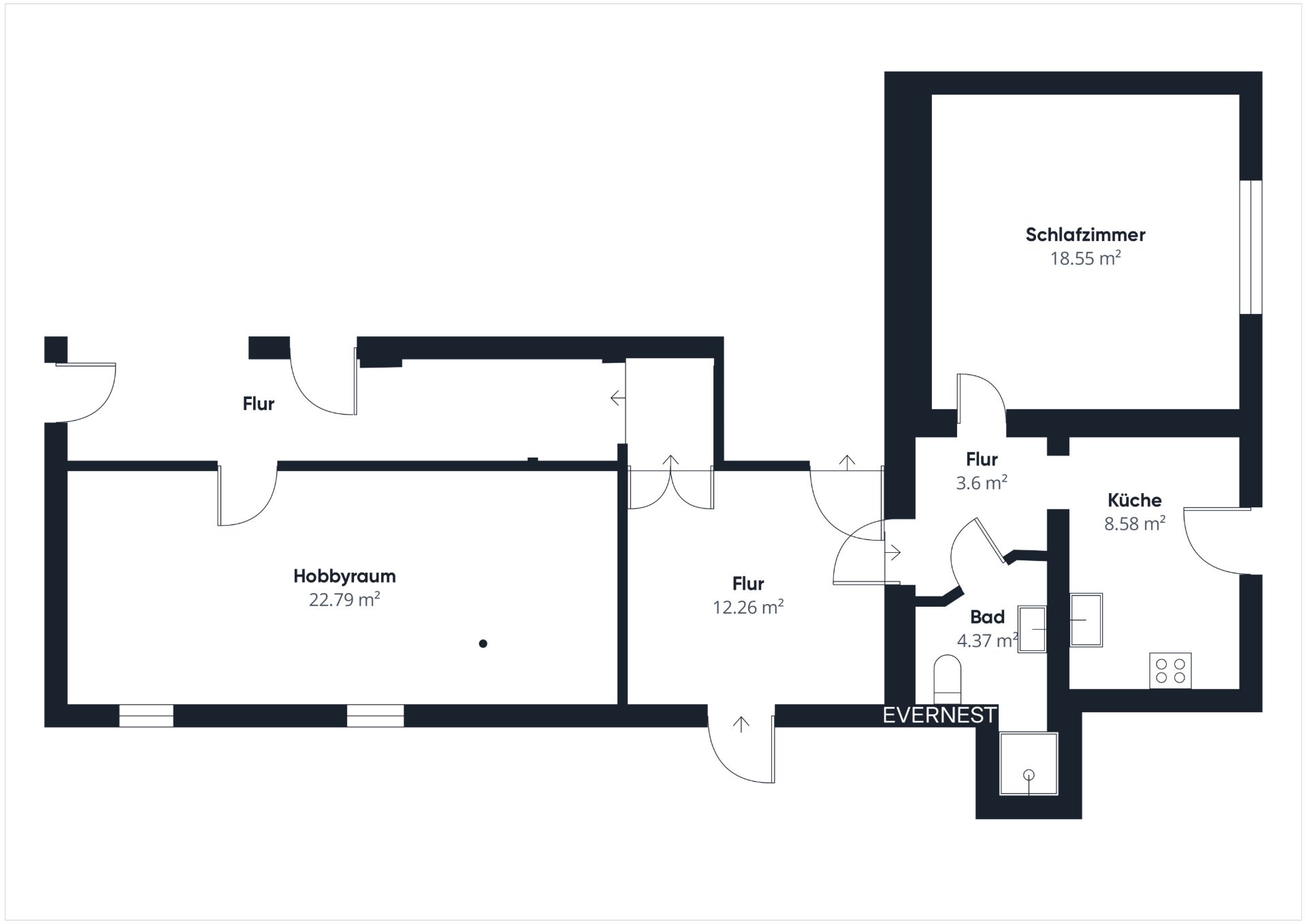 Grundriss mit Schlafzimmer, Küche, Bad, Hobbyraum und Fluren.