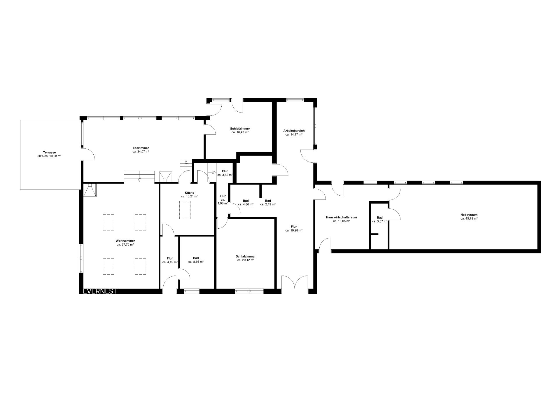 Grundriss eines Hauses mit Wohnzimmer, Schlafzimmern, Bädern, Küche, Esszimmer, Terrasse und Hobbyraum.