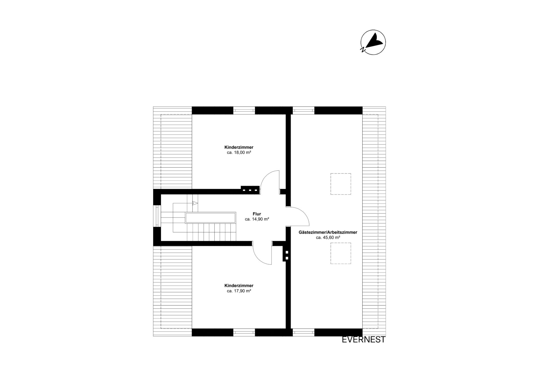 Grundriss mit zwei Kinderzimmern, Flur und Gästezimmer/Arbeitszimmer.