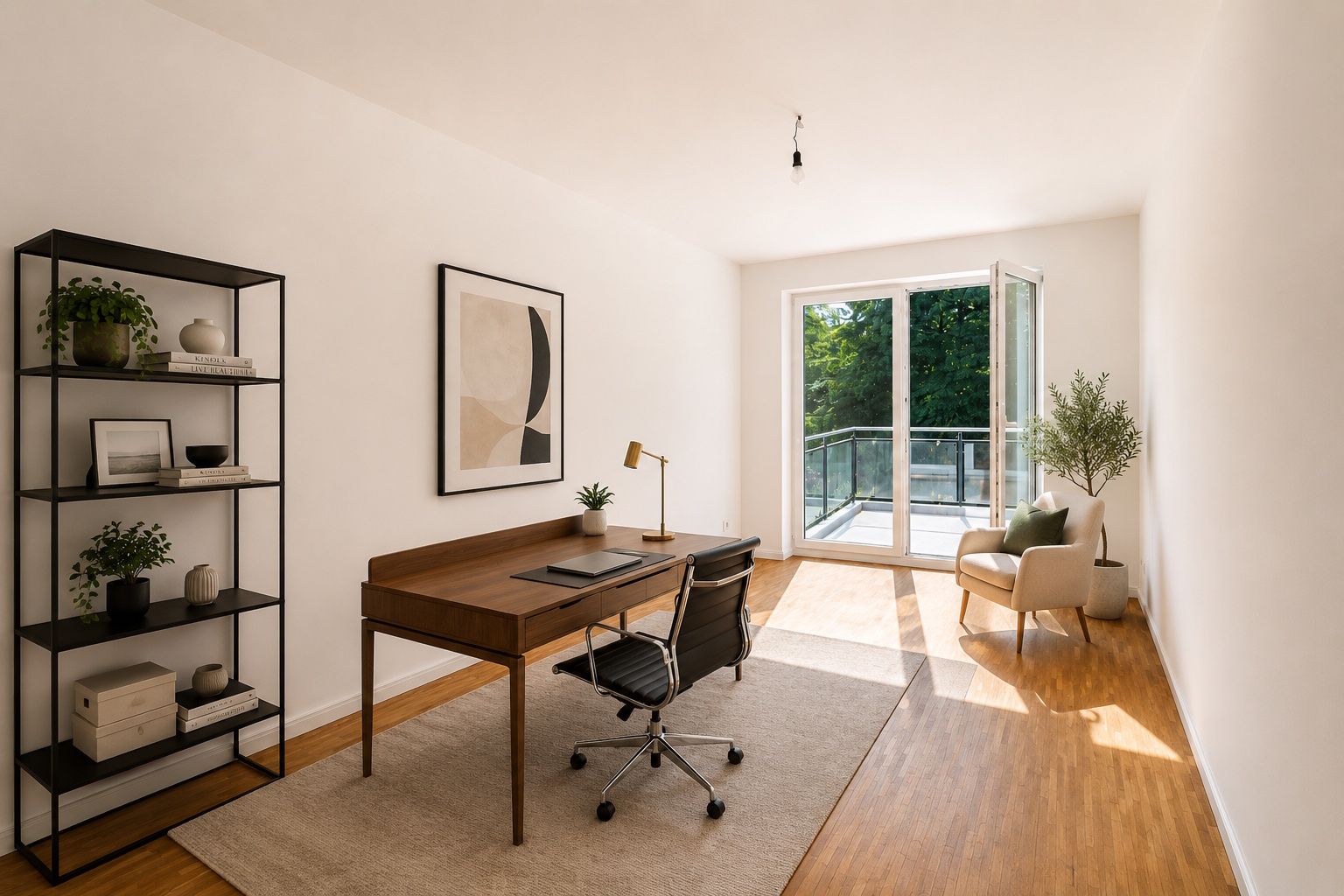 Helles Arbeitszimmer mit Schreibtisch, Regal, Stuhl und Balkonzugang.